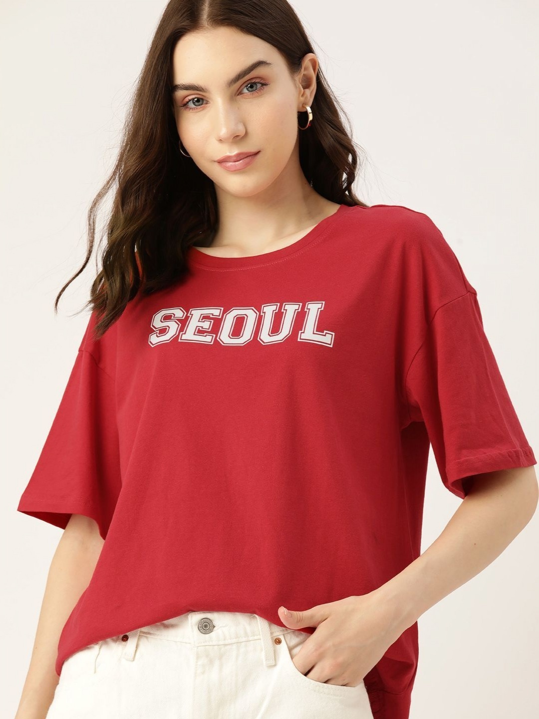 

DressBerry Women Typography Printed Round Neck Cotton Oversized T-shirt, Red