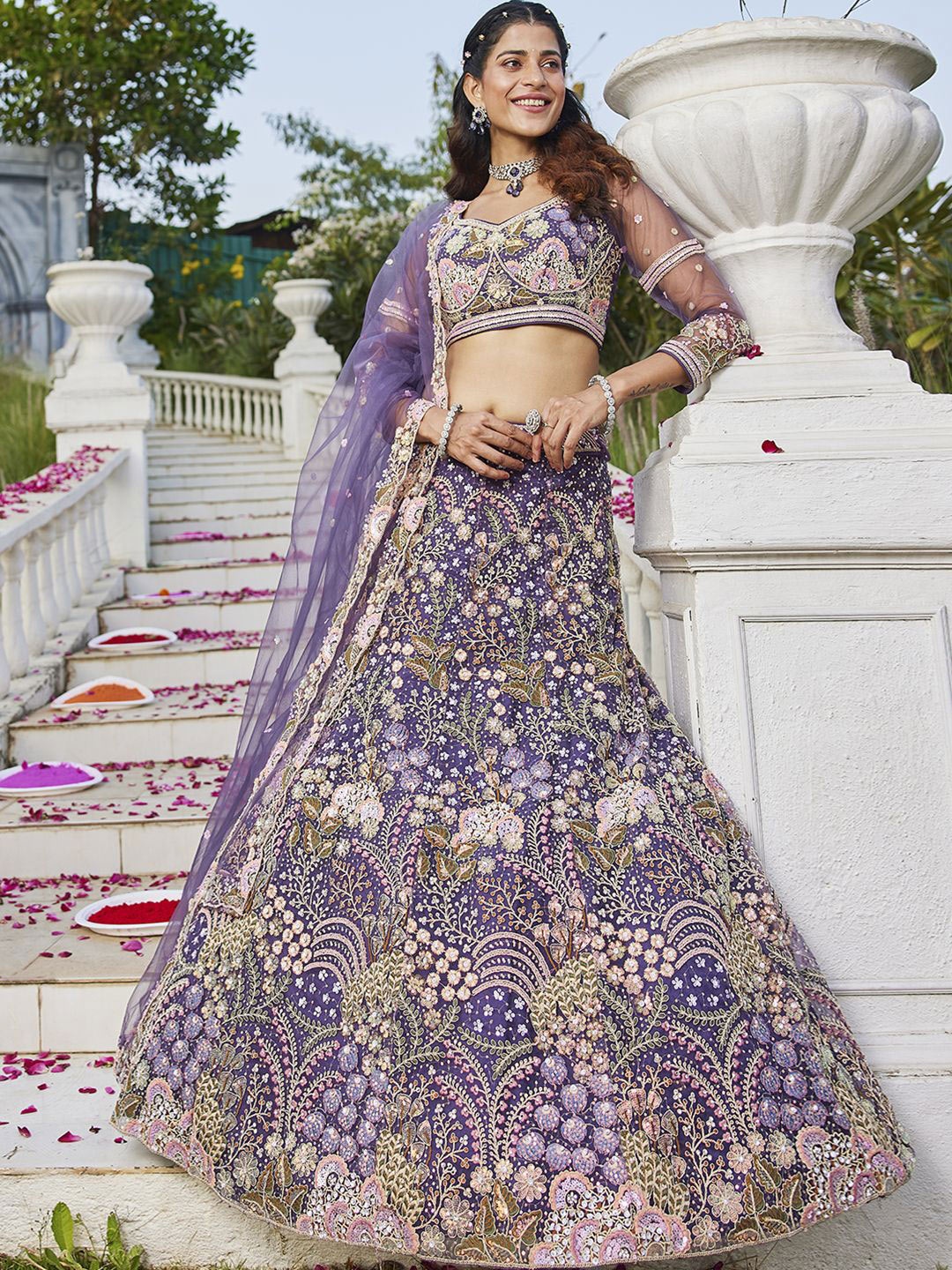 

panchhi Embroidered Sequinned Semi-Stitched Lehenga & Unstitched Blouse With Dupatta, Purple