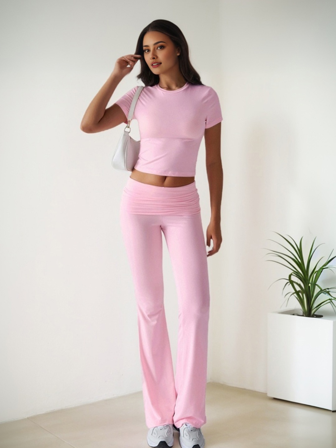 

StyleCast Pink Short Sleeves Top With Flared Trousers
