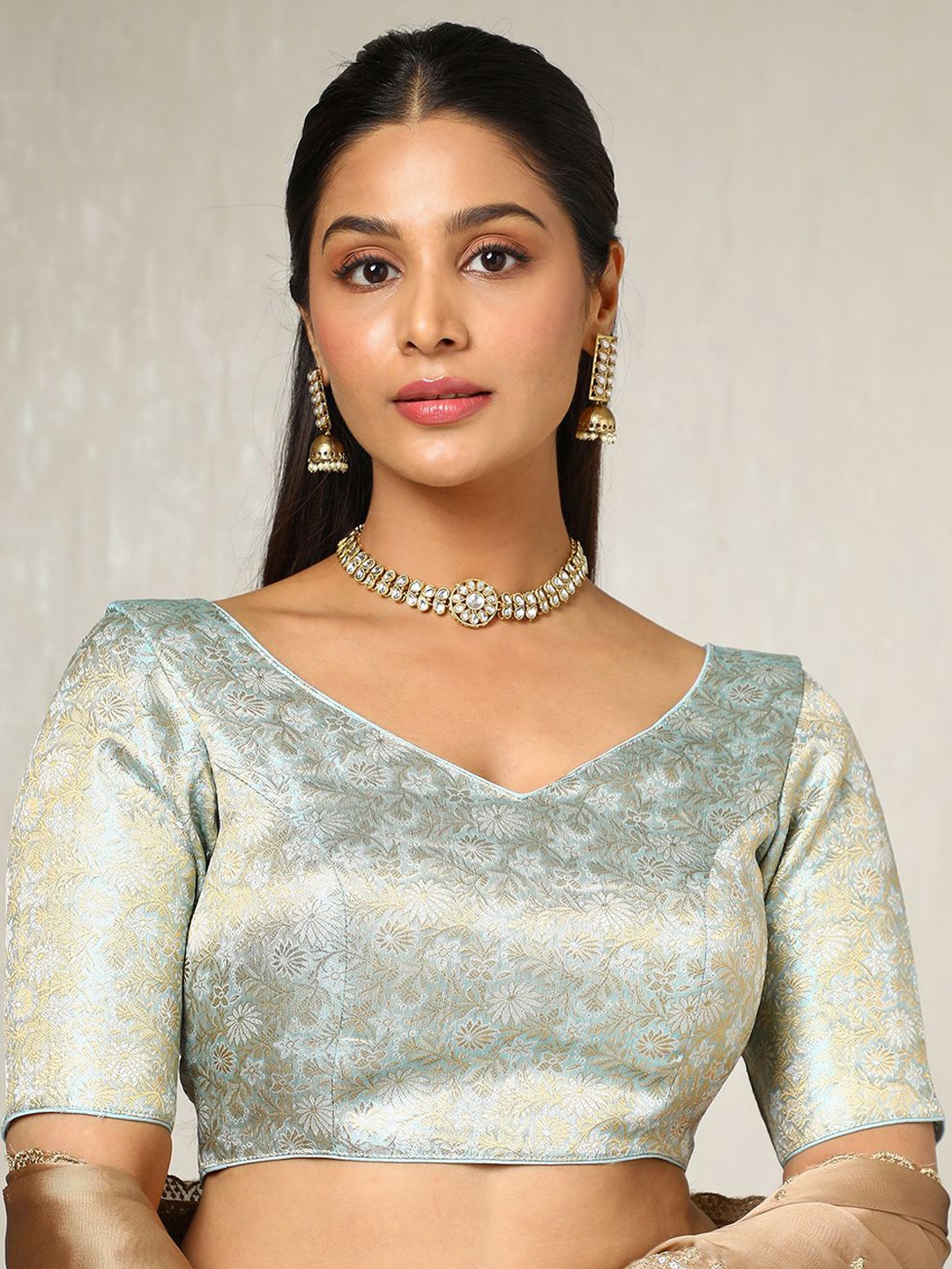 

Soch Women V-Neck Zari Padded Saree Blouse, Blue