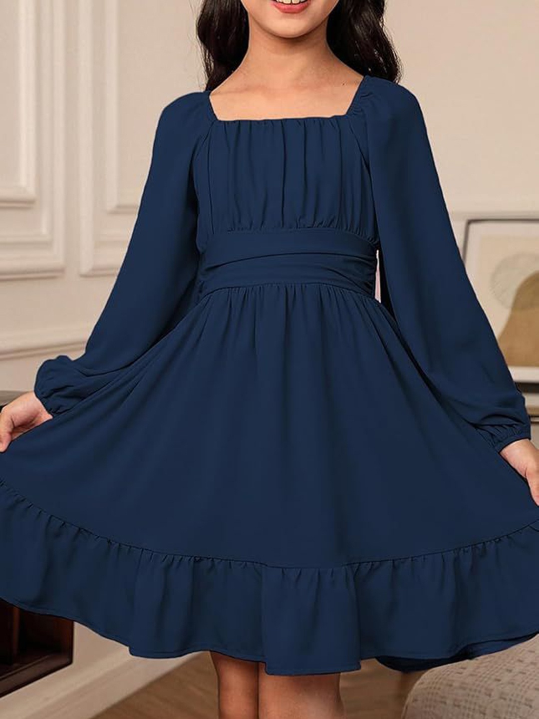 

R Cube Puff Sleeve Ruffled Crepe Fit & Flare Midi Dress, Navy blue