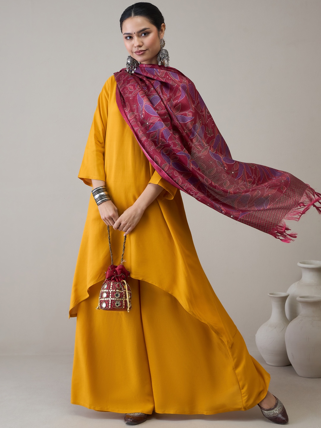 

InWeave Women Regular Kurta with Palazzos & With Dupatta, Mustard