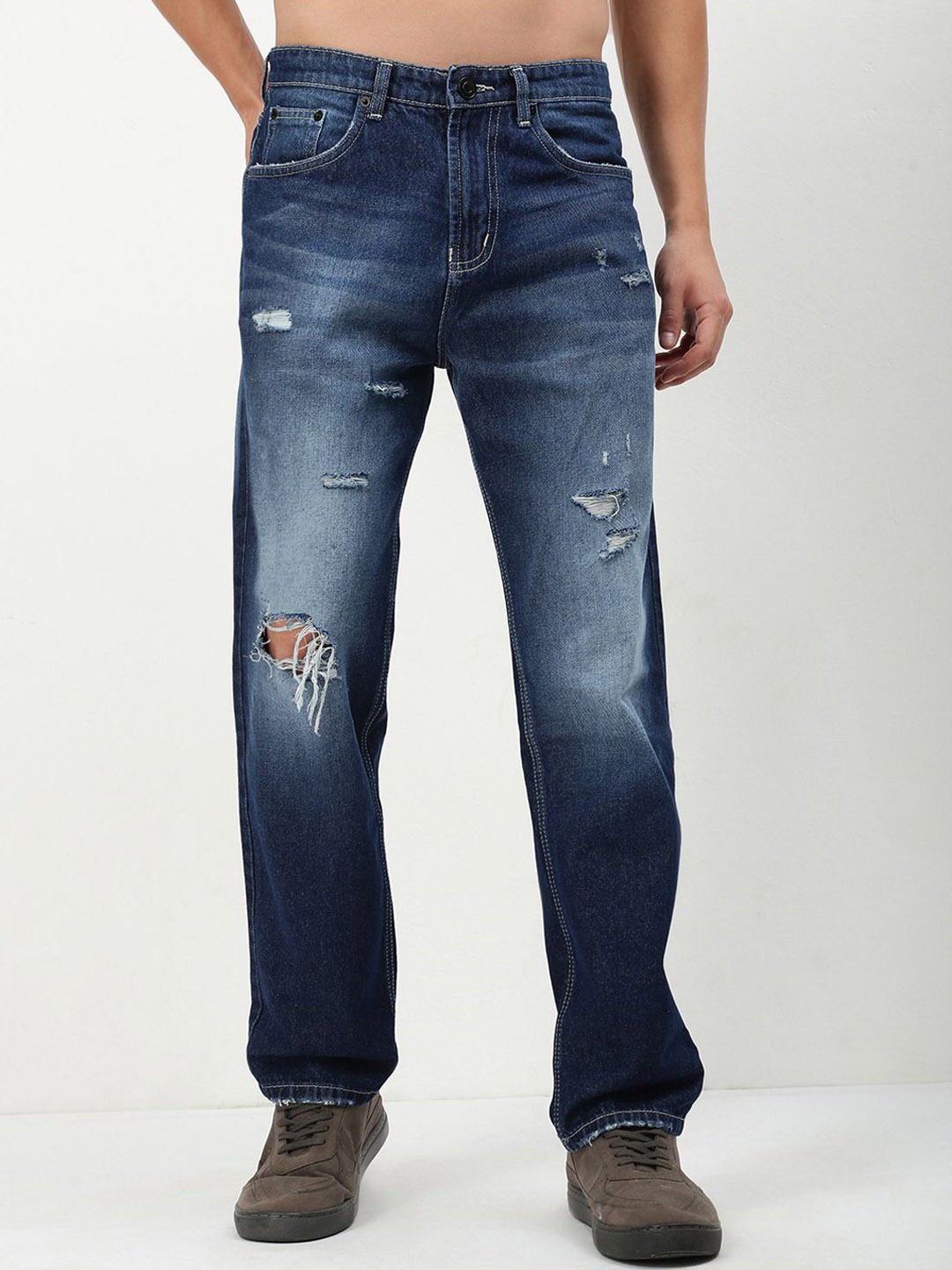 

SHOWOFF Men Comfort Straight Fit Low-Rise Mildly Distressed Heavy Fade Acid Wash Jeans, Blue