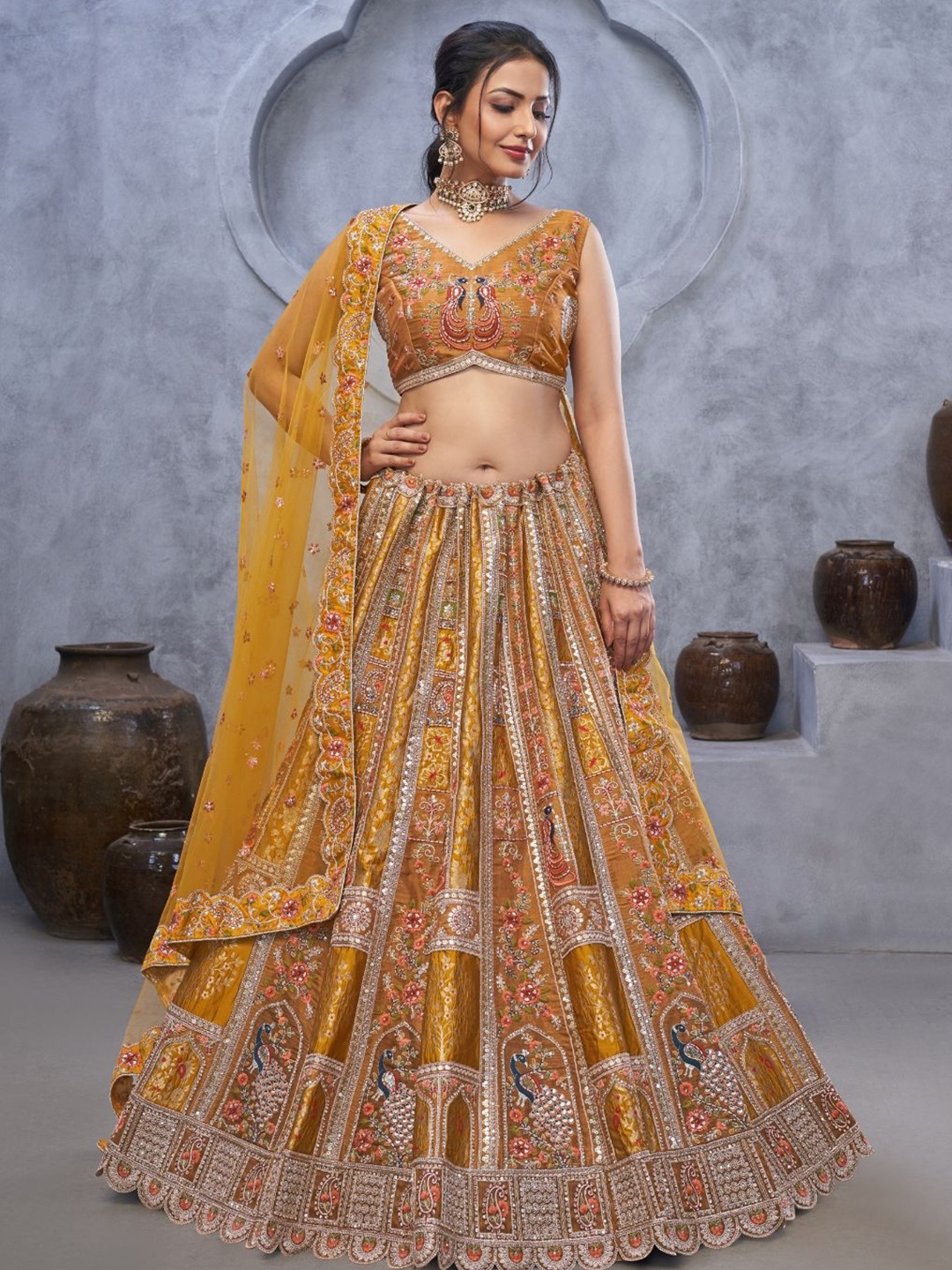 

Fusionic Embroidered Sequinned Semi-Stitched Lehenga & Unstitched Blouse With Dupatta, Mustard