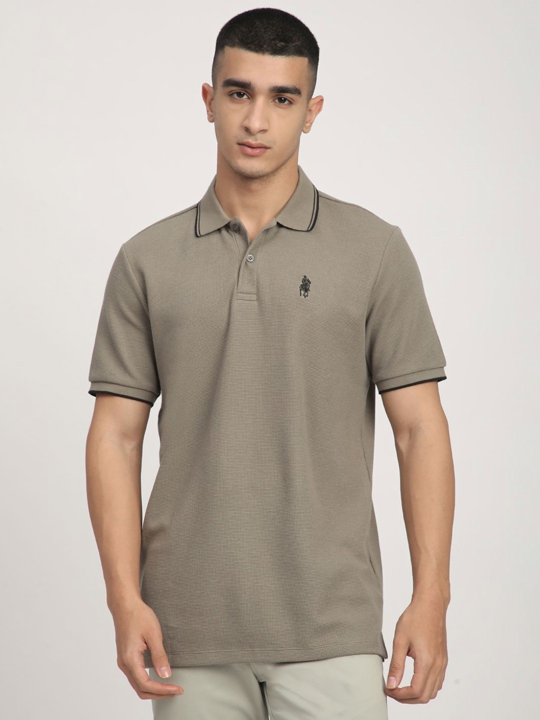 

R&B Men Self Design Polo Collar Cotton T-shirt, Grey