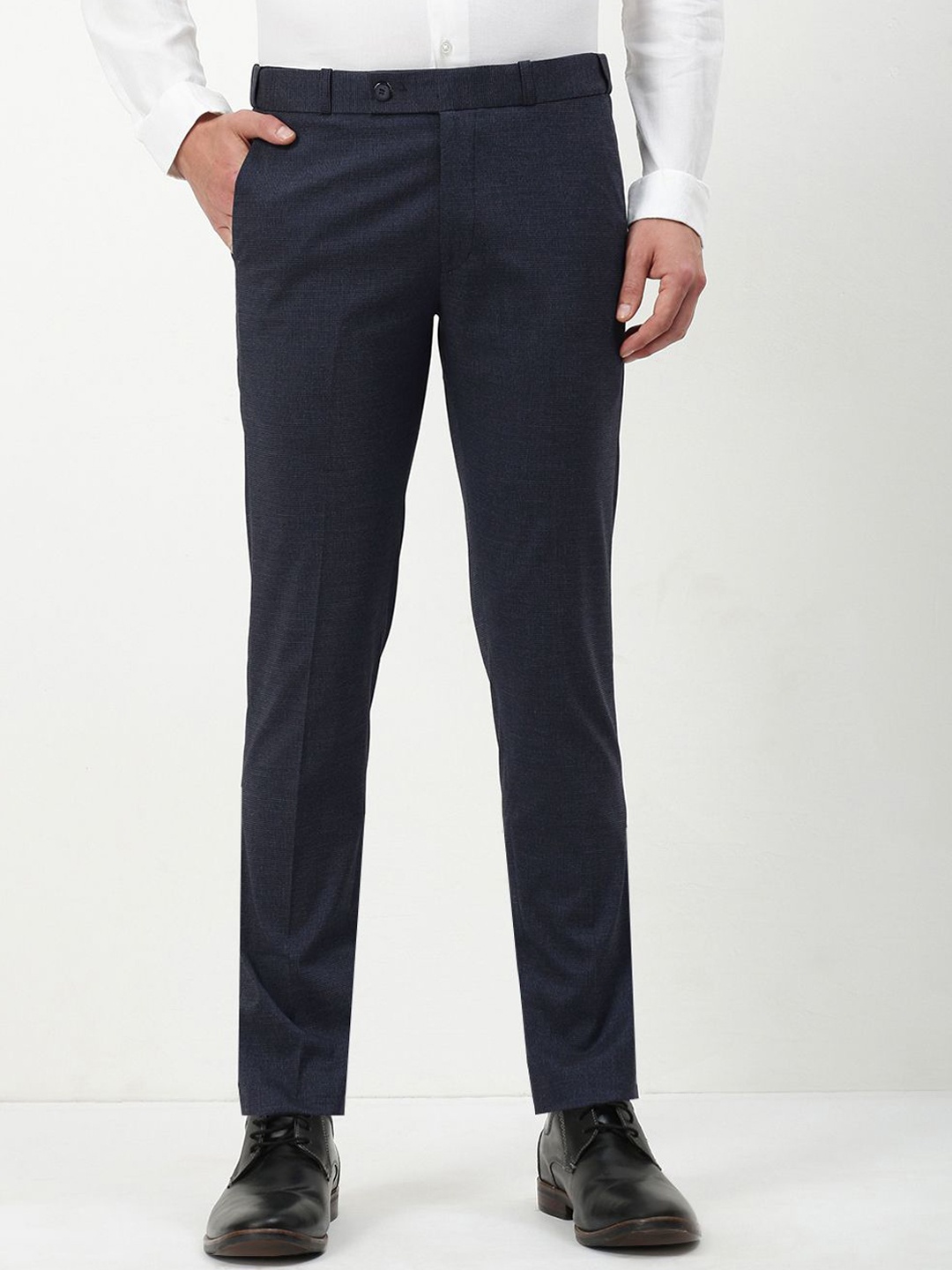 

SHOWOFF Men Cotton Comfort Slim Fit Low-Rise Formal Trousers, Navy blue