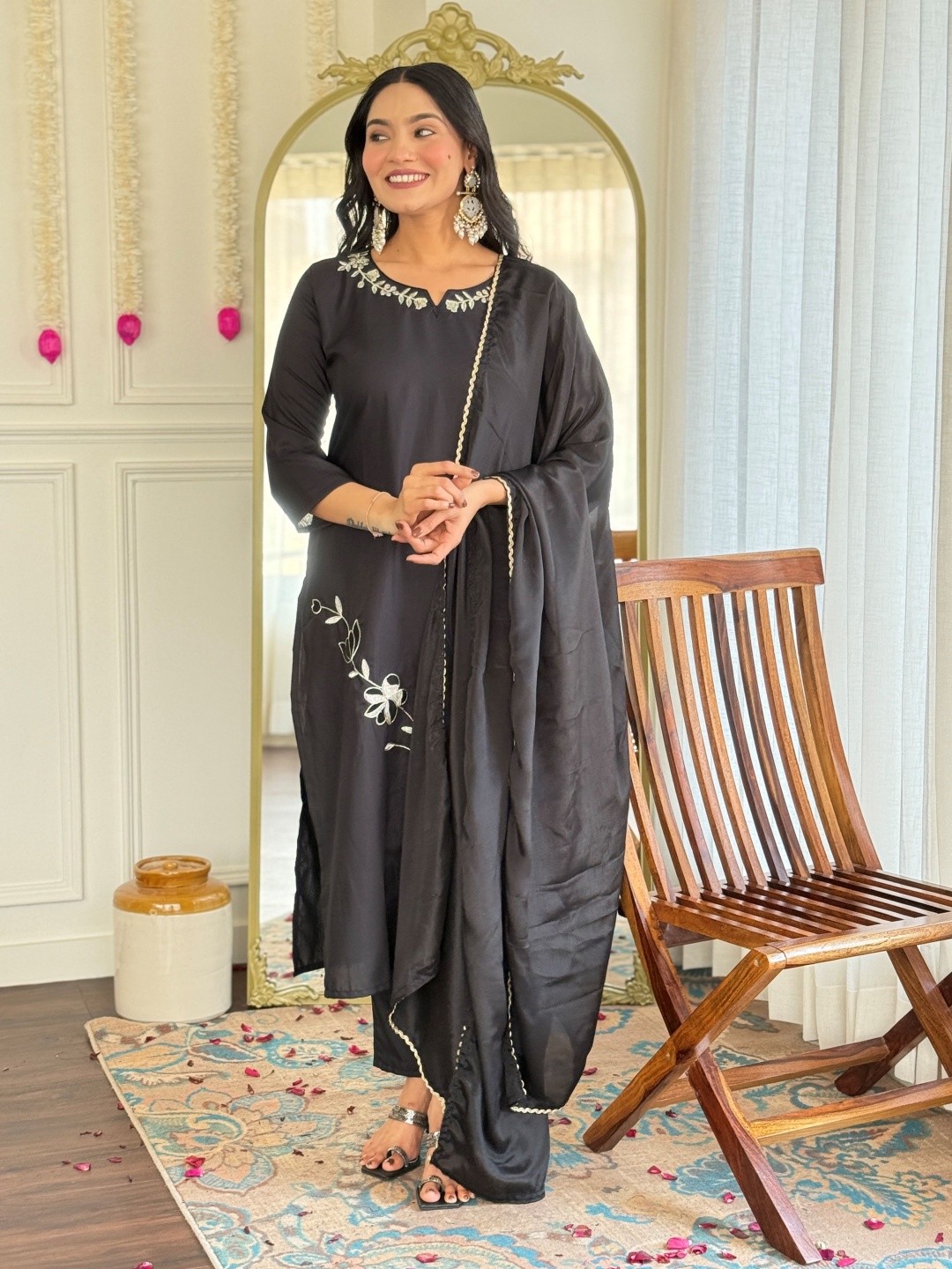

KALINI Floral Embroidered Notch Neck Straight Kurta With Trousers & Dupatta, Black