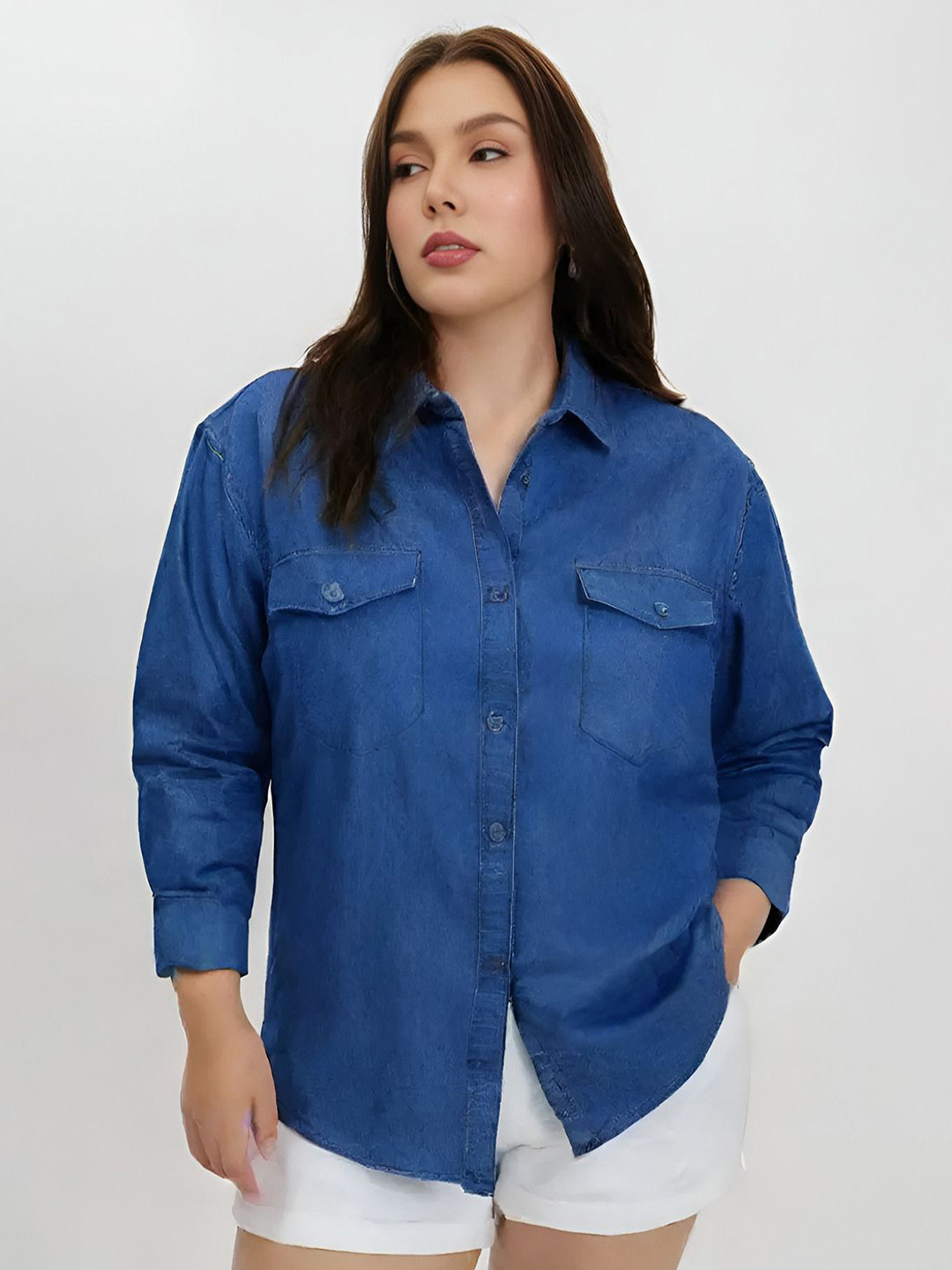 

Shiv traders collection Women Comfort Fit Spread Collar Solid Denim Casual Shirt, Blue