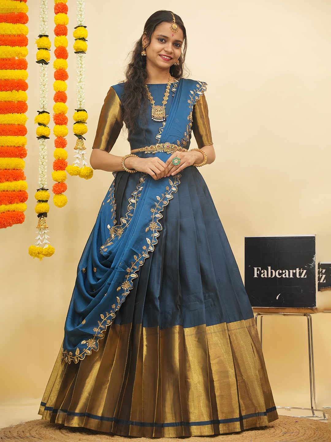 

Fabcartz Semi-Stitched Zari Lehenga & Unstitched Blouse With Dupatta, Blue