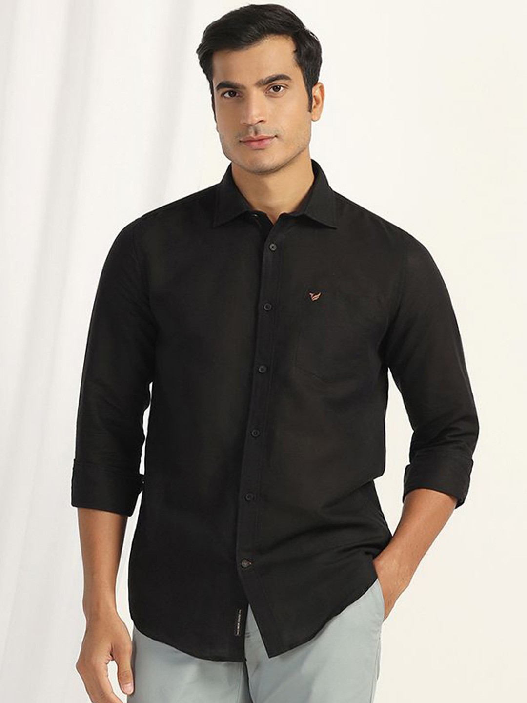 

Blackberrys Men India Slim Fit Spread Collar Solid Linen Casual Shirt, Black