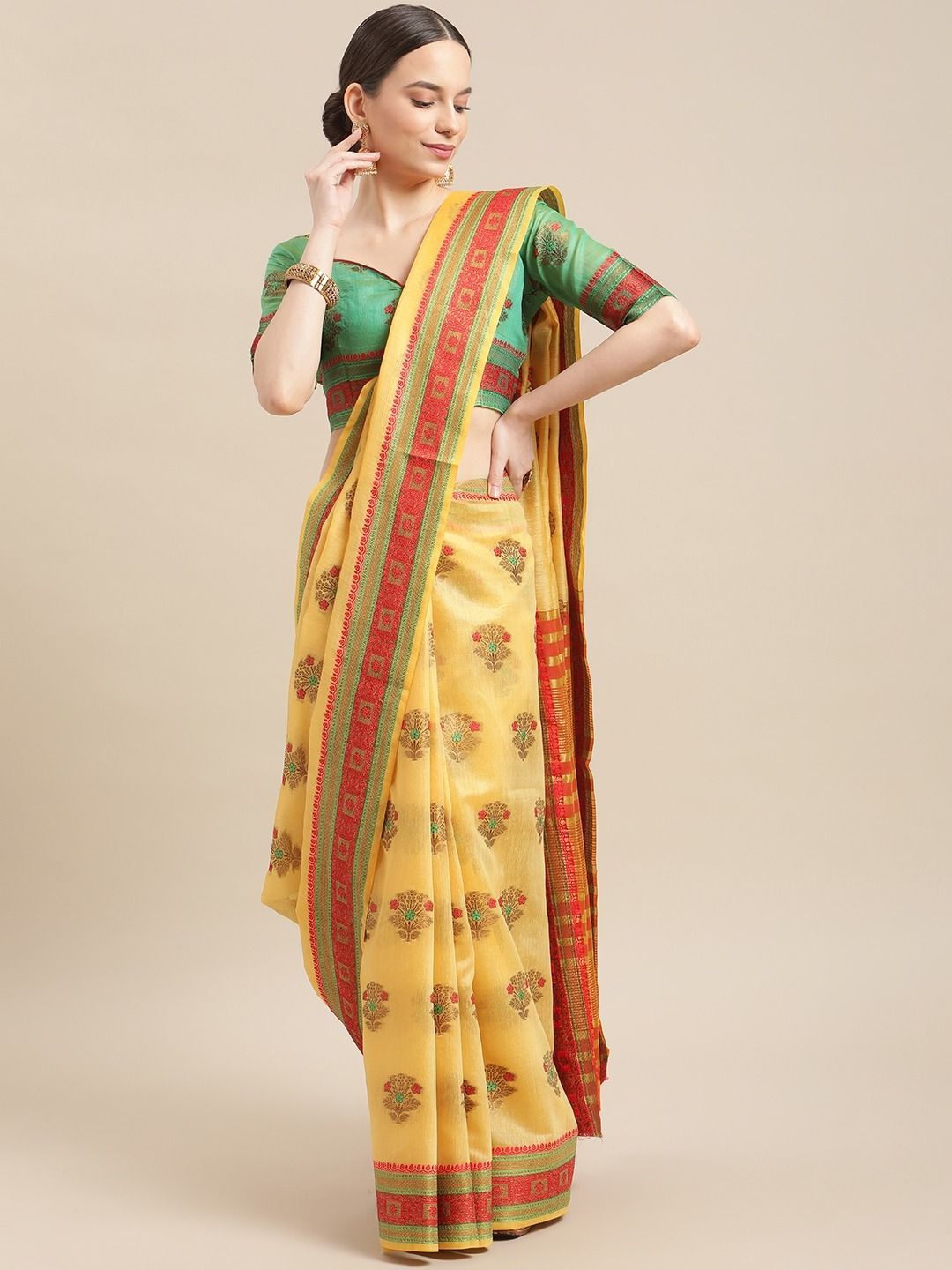 

DIVASTRI Woven Design Zari Silk Cotton Saree, Yellow