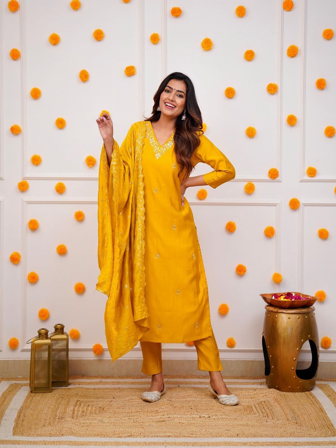 

choiceit Yoke Design Straight Chanderi Silk Kurta With Pyjamas And Dupatta, Yellow