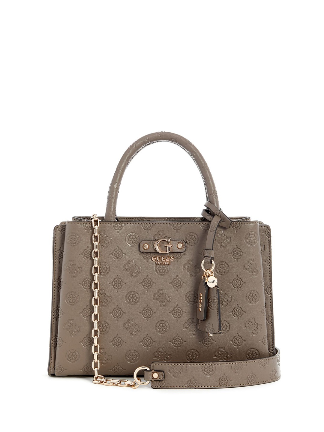 

GUESS Printed PU Structured Satchel with Cut Work, Taupe