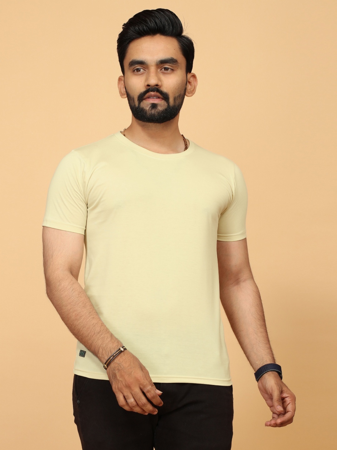 

FABRIPPLE Men Solid Round Neck Cotton T-shirt, Cream