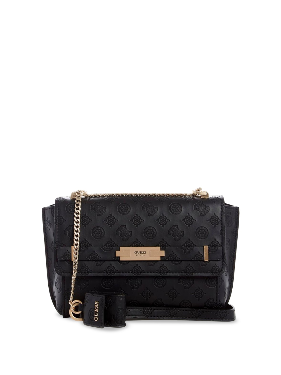 

GUESS Printed PU Structured Shoulder Bag with Cut Work, Black