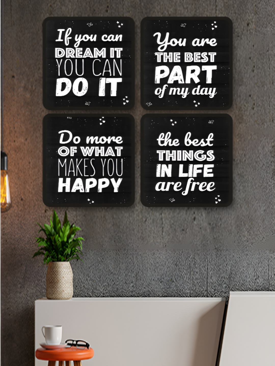 

Myntra Elegant Homes Black & White 4 Piece Motivational Quotes Wooden Wall Art