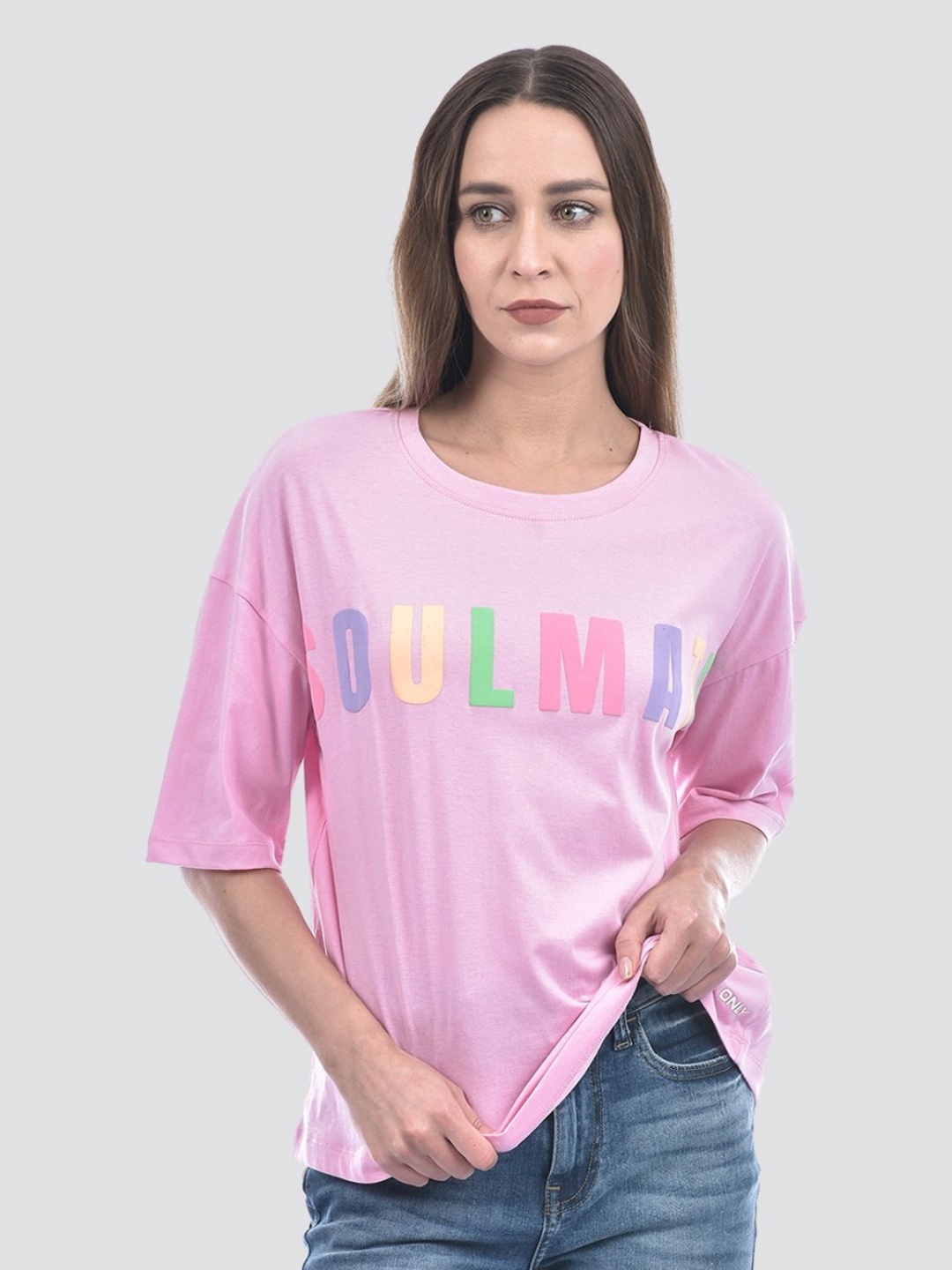 

ONLY Women Typography Printed Round Neck Cotton Oversized T-shirt, Pink