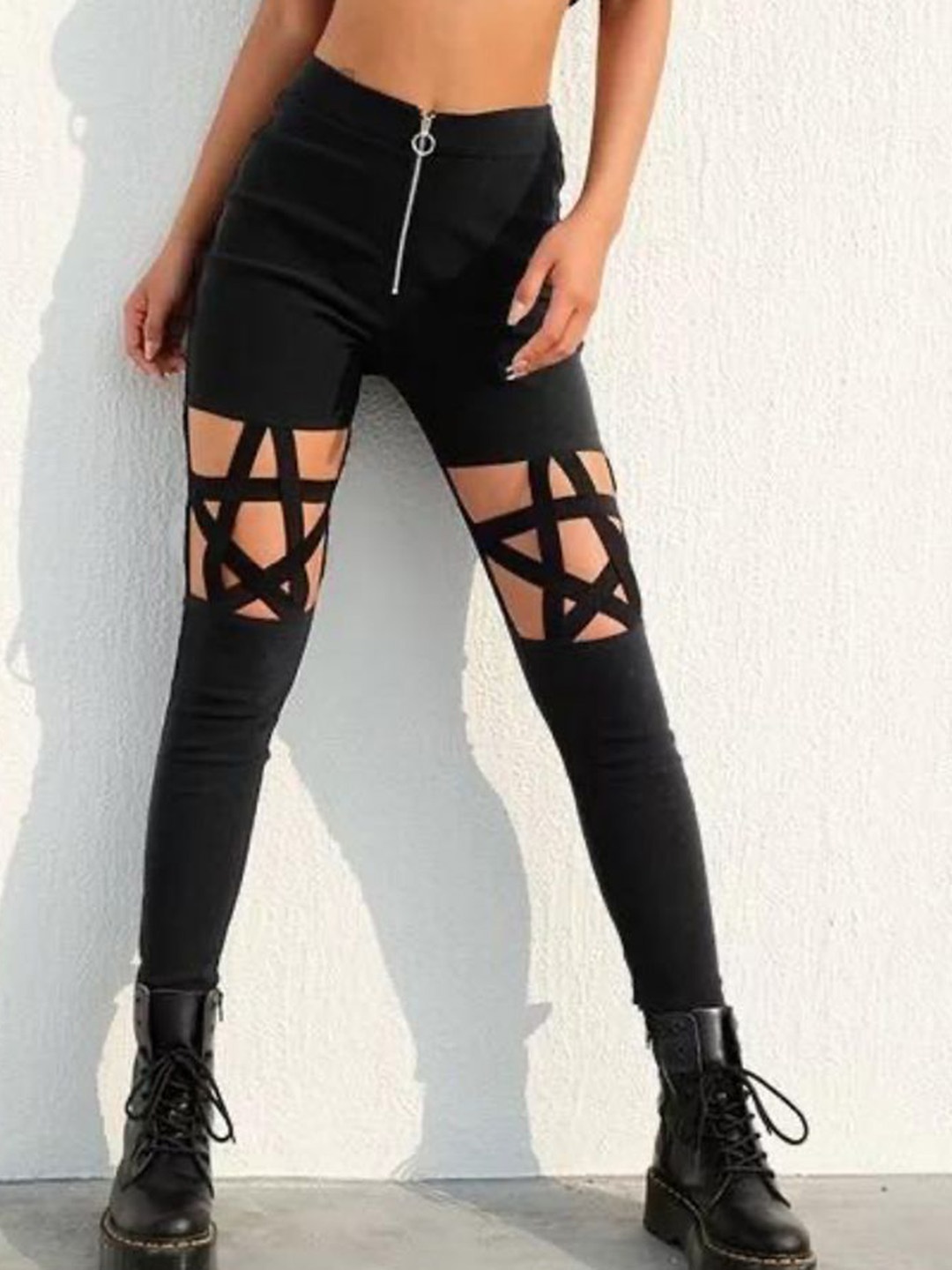 

MADE FOR HER LABEL Women Star Cutout Detailing On Thighs High Waisted Jegging Pants, Black