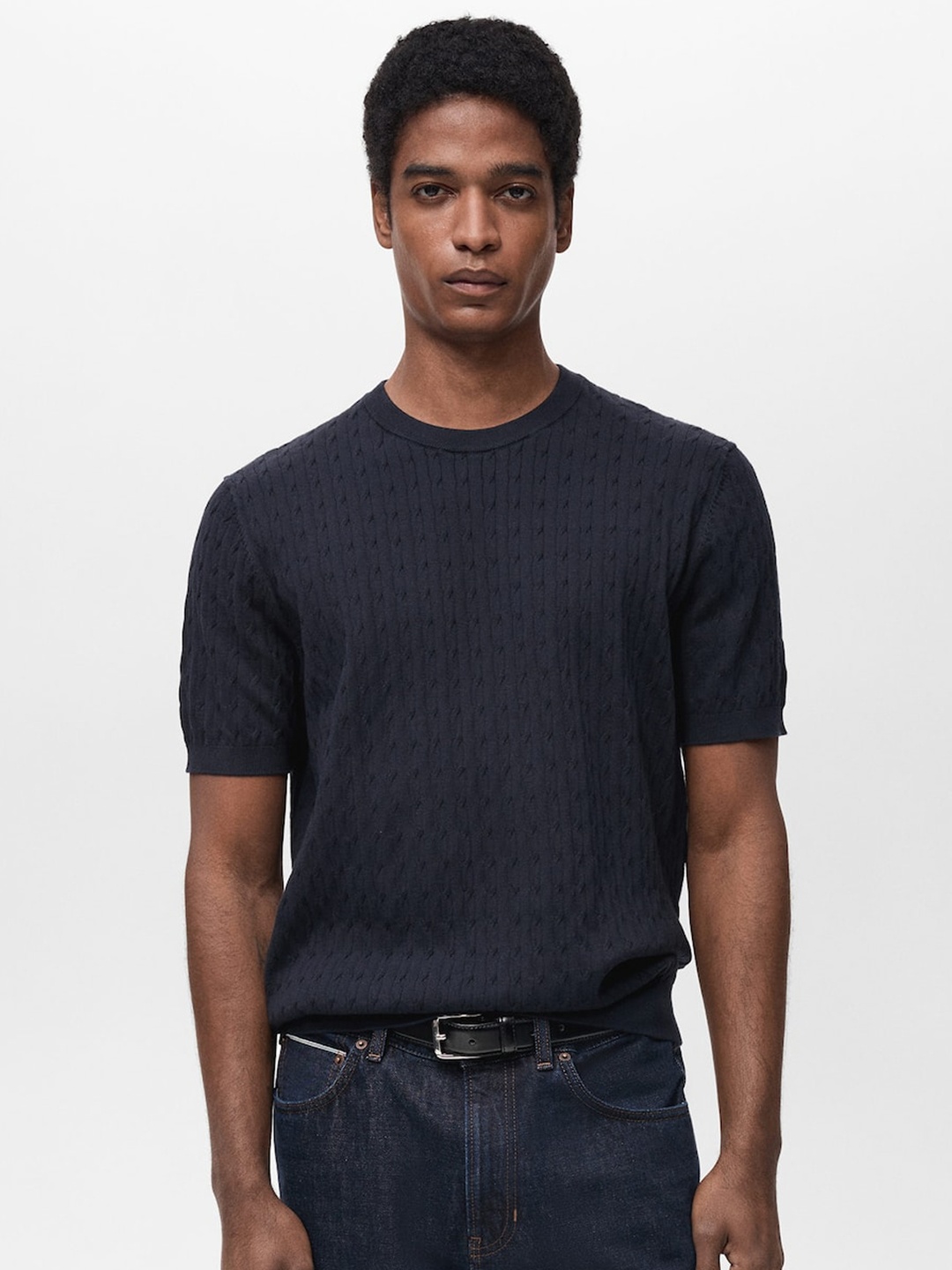 

MANGO MAN Cable Knit Pure Cotton Knitted T-shirt, Navy blue