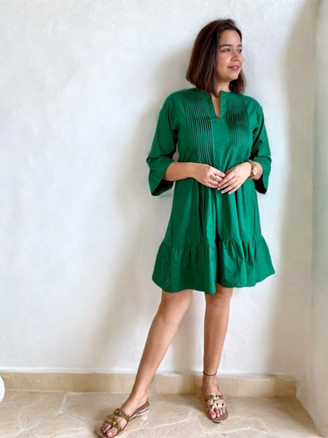 

Label Tanvee Bell Sleeve A-Line V Neck Dress, Green