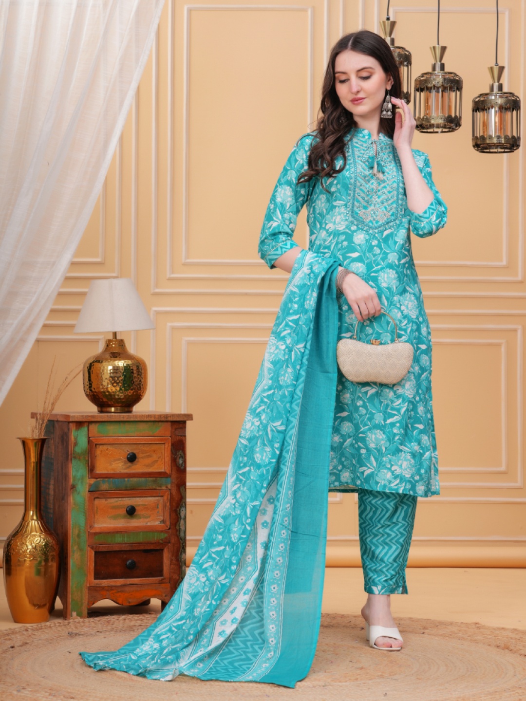 

HIGHLIGHT FASHION EXPORT Floral Printed Mirror Work Straight Kurta With Trousers & Dupatta, Green