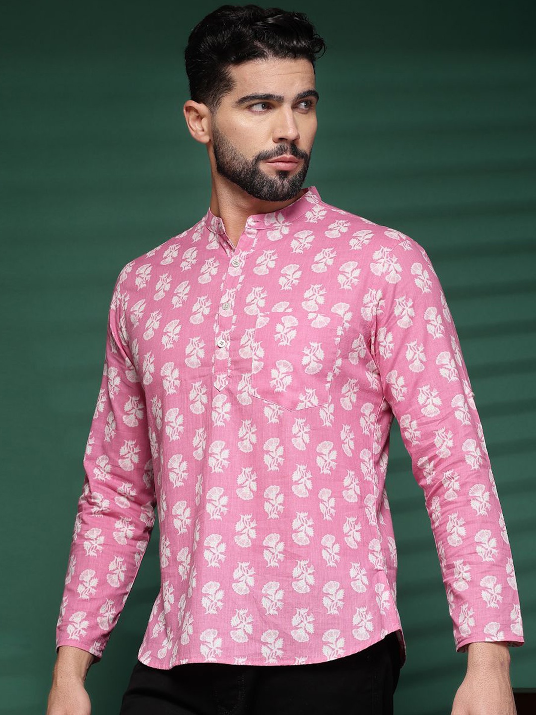 

Sangria Pink Floral Printed Mandarin Collar Cotton Short Kurta