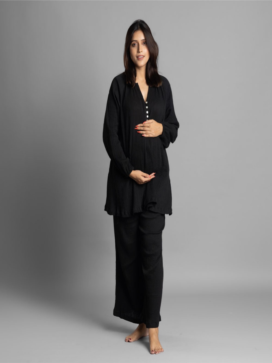 

Block Hop V-Neck Pure Cotton Maternity Tunic & Palazzos, Black