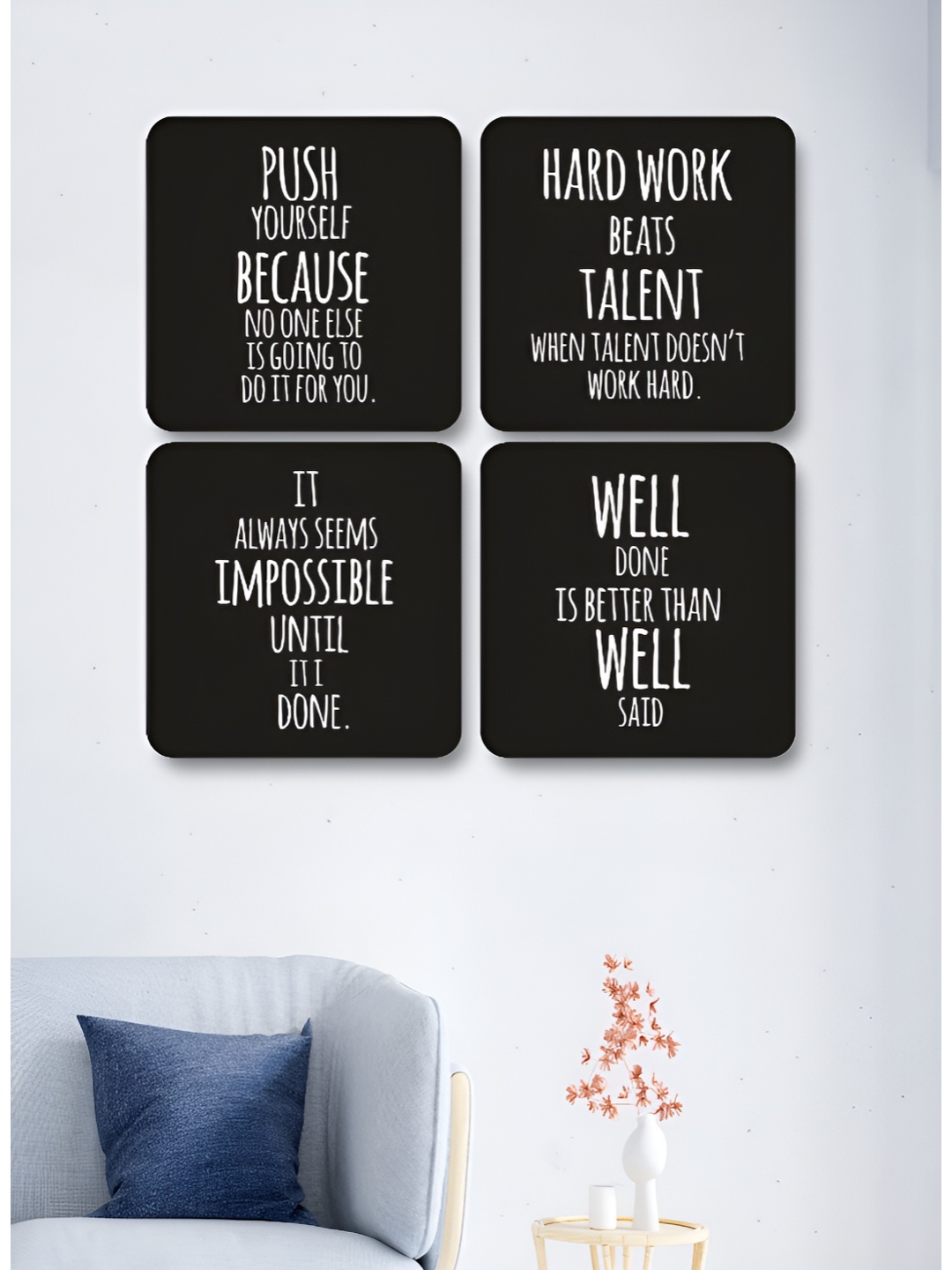 

Myntra Elegant Homes Black & White 4 Pieces Motivational Quotes Printed Wood Wall Art