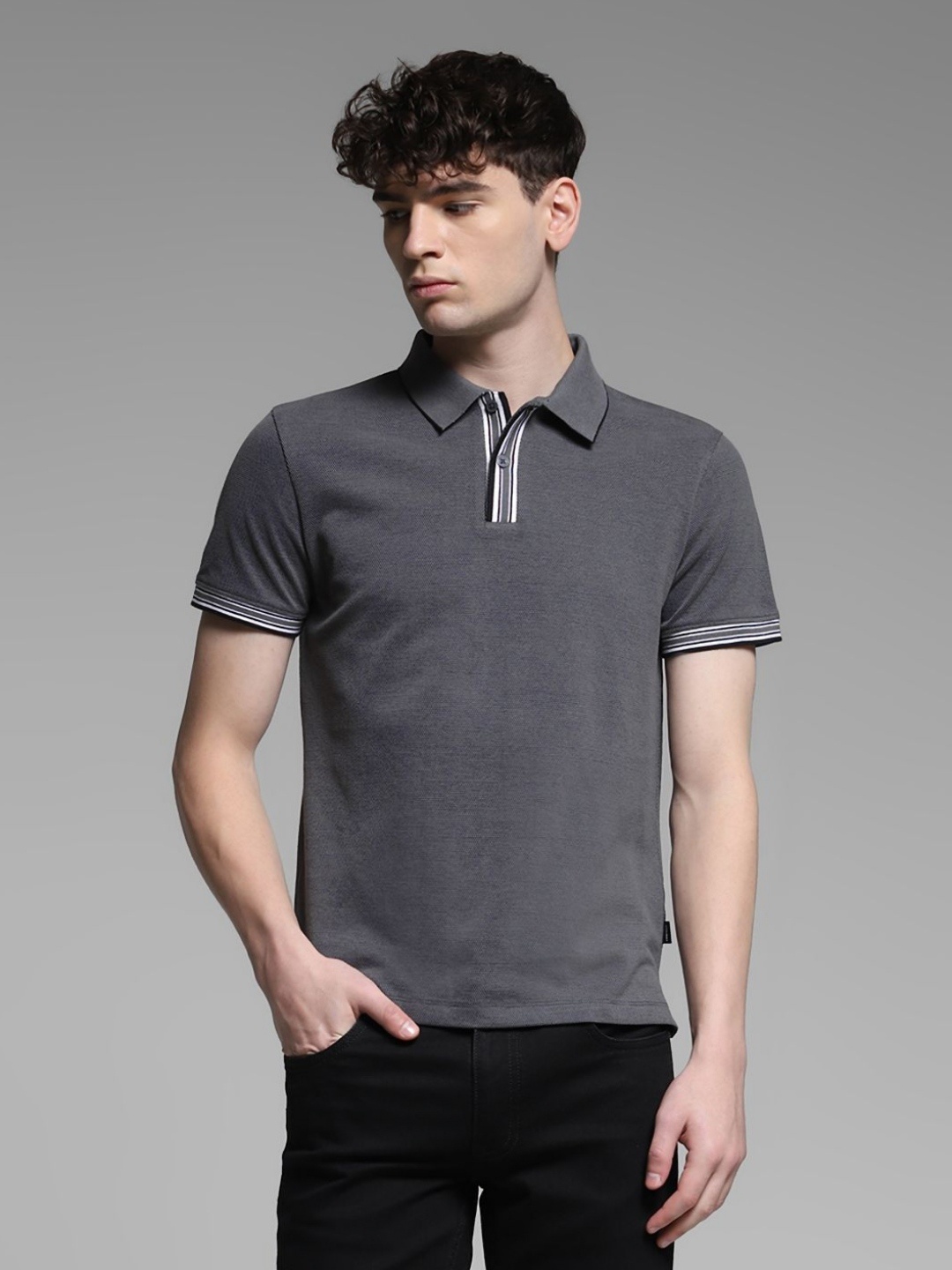 

Jack & Jones Men Solid Polo Collar Cotton T-shirt, Grey