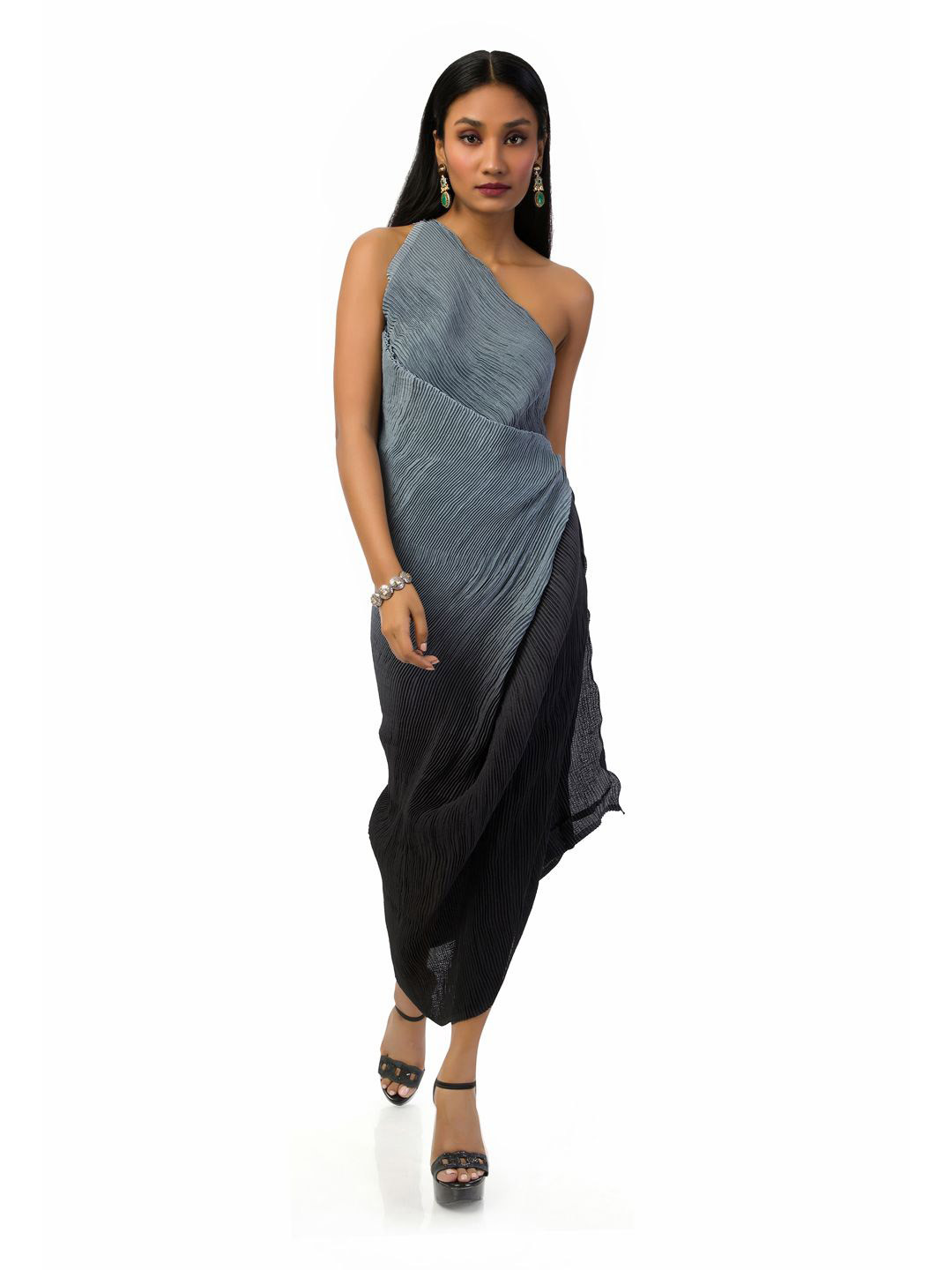 

Mystake By Meghna Shah Dyed One Shoulder Chiffon Fit & Flare Midi Dress, Grey