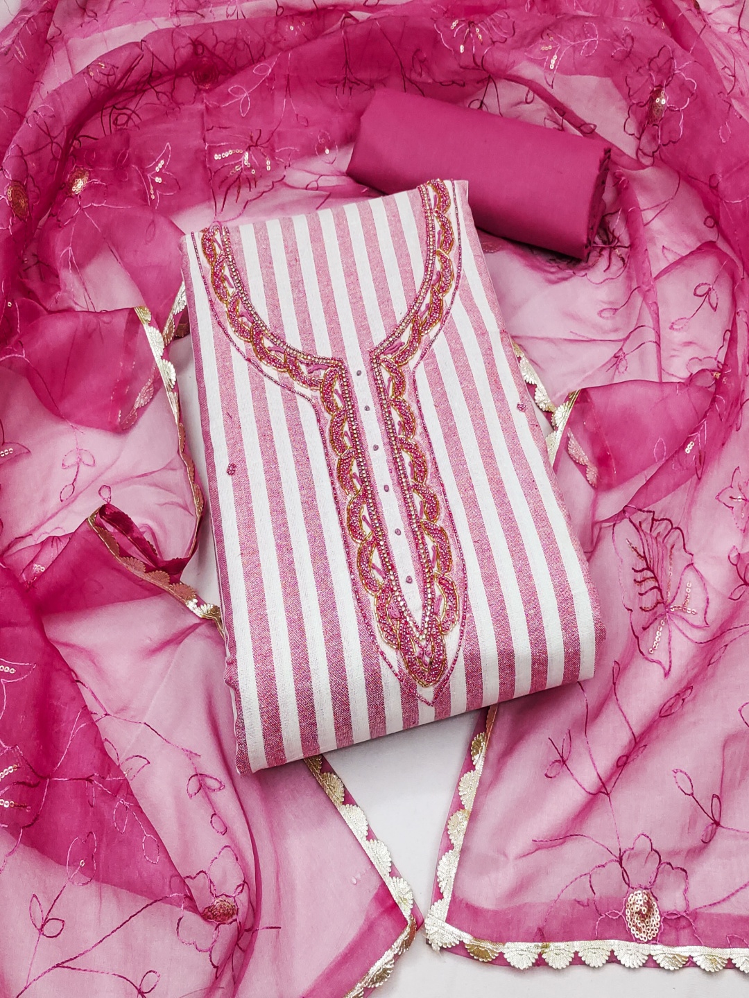 

Blissta Striped Beads And Stones Unstitched Dress Material, Pink
