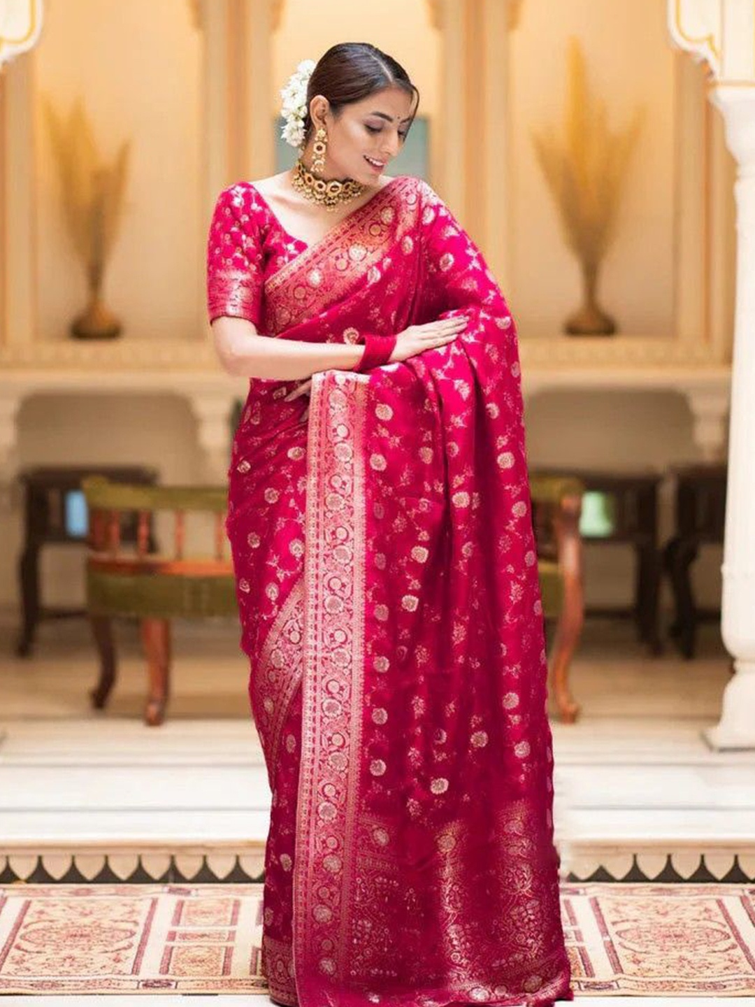 

DIVASTRI Ethnic Motifs Woven Design Zari Pure Silk Banarasi Saree, Pink