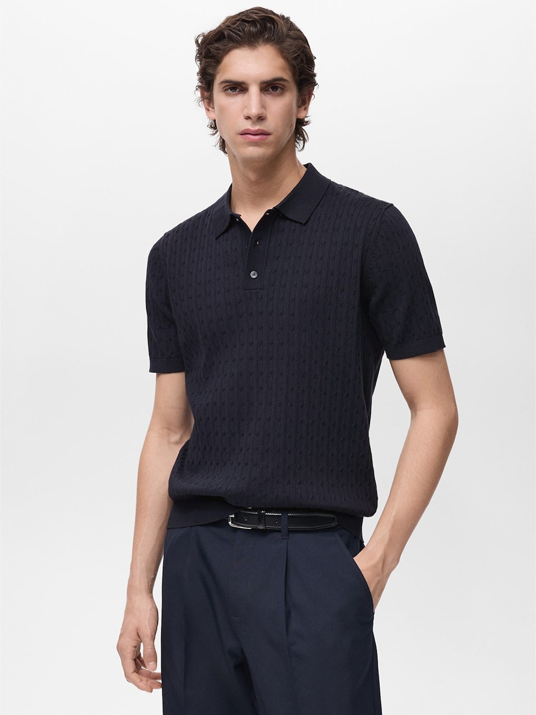 

MANGO MAN Polo Collar Cable Knit Pure Cotton T-shirt, Black