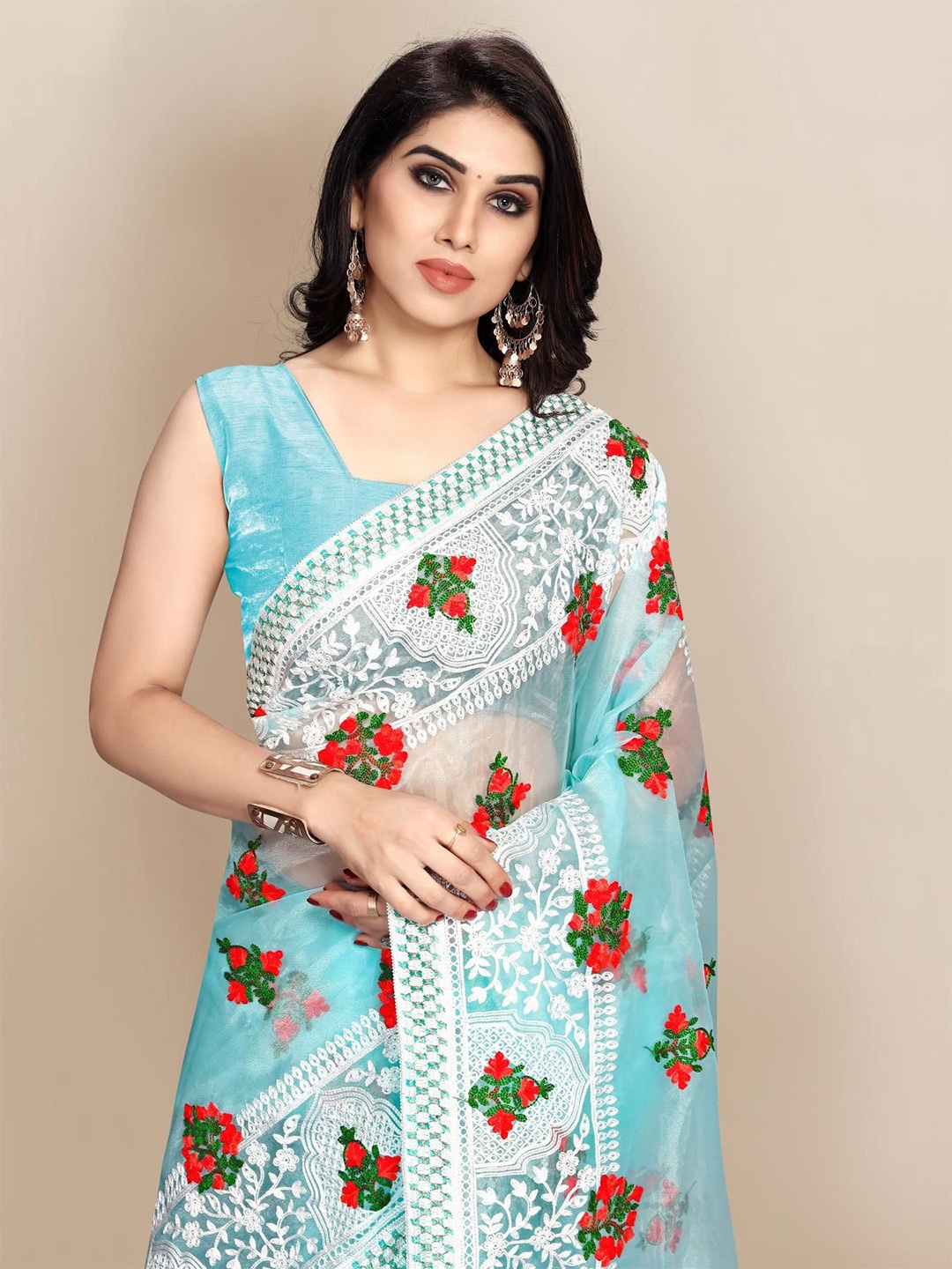 

HERE&NOW Floral Embroidered Organza Saree, Turquoise blue