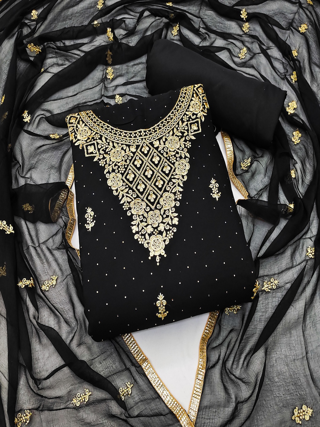 

TRYSTON Floral Embroidered Poly Georgette Unstitched Dress Material, Black