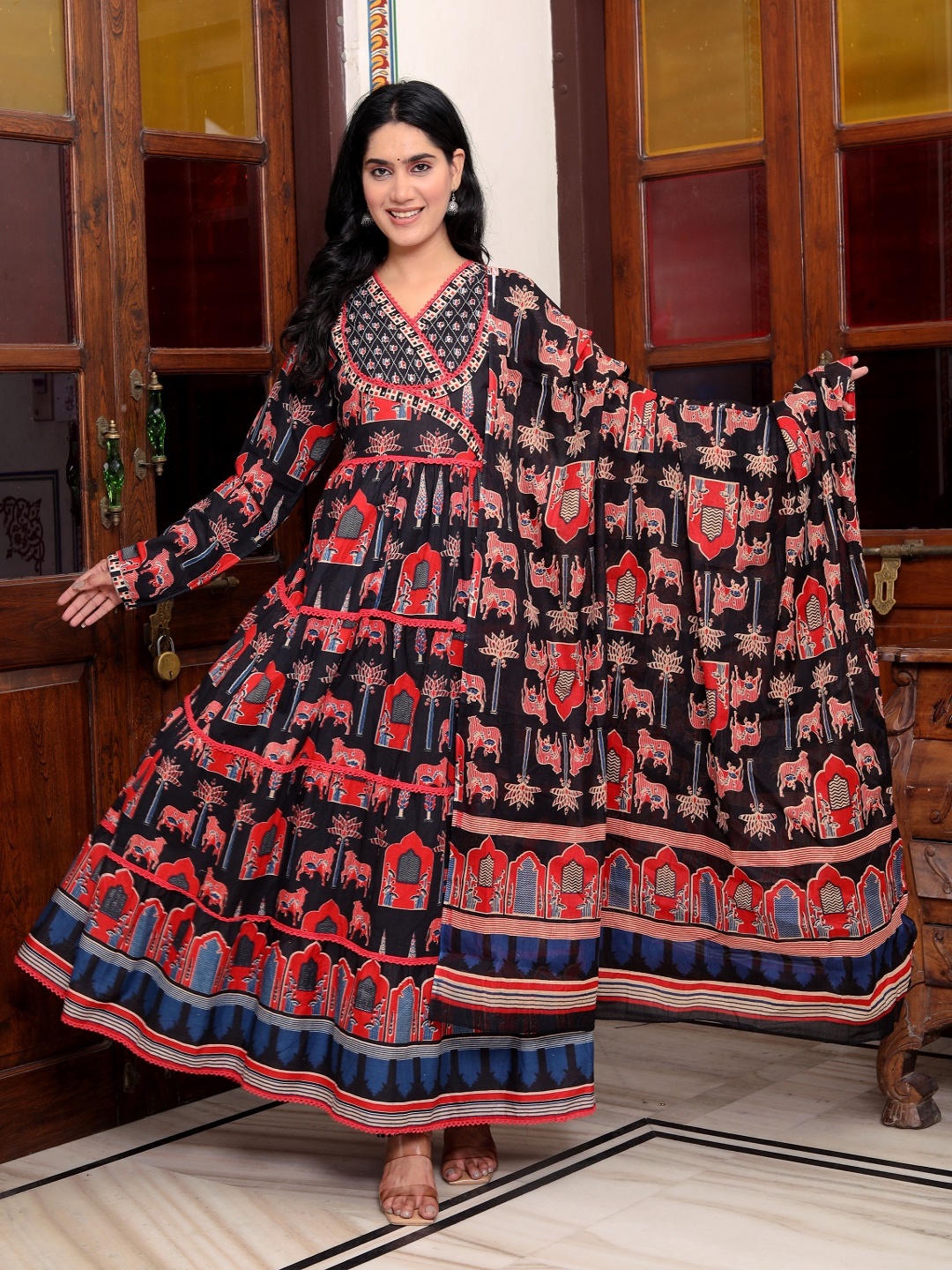 

KALINI Ethnic Motifs Printed V-Neck Pure Cotton Anarkali Kurta With Trouser And Dupatta, Black