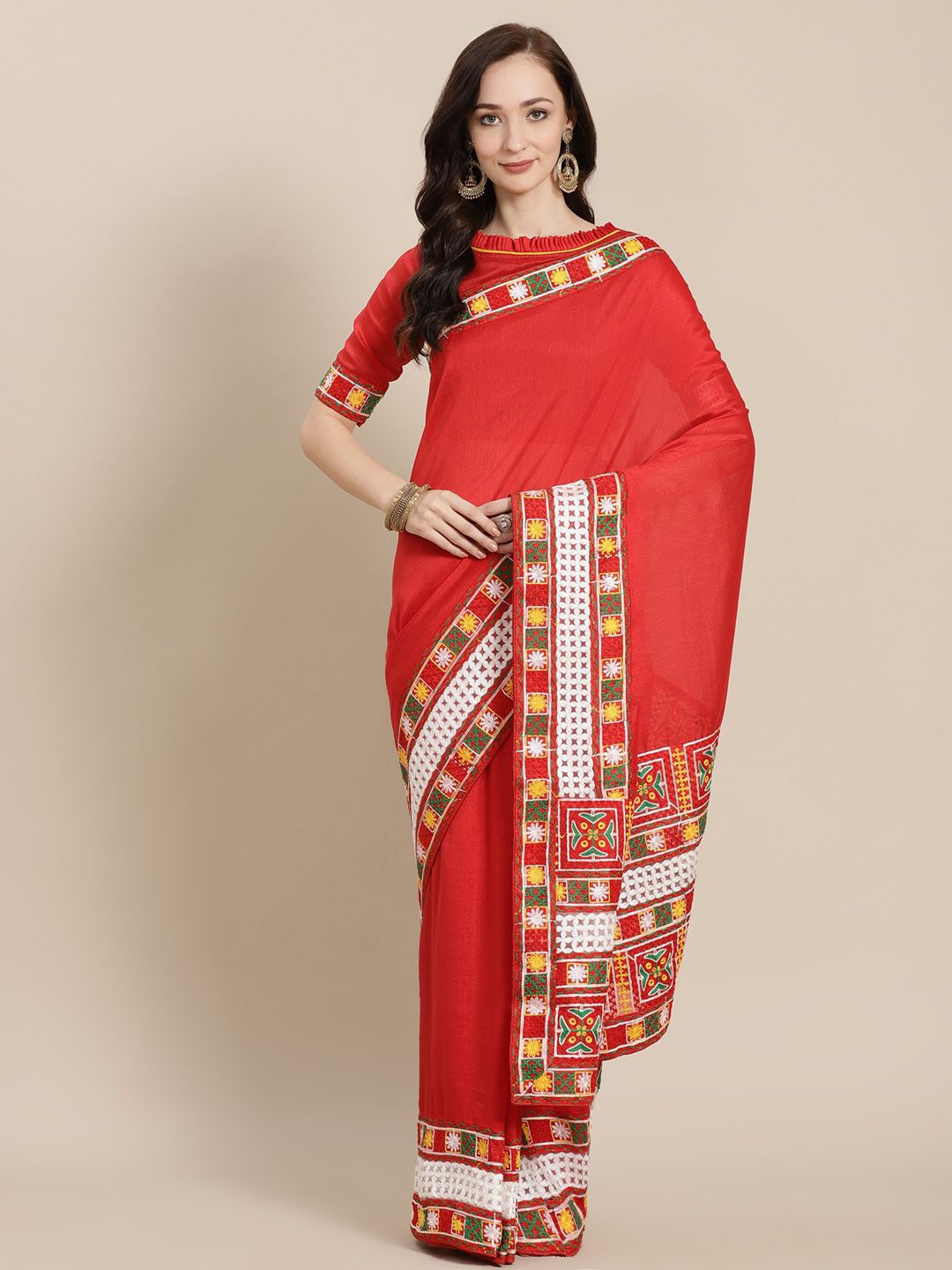 

DIVASTRI Kutchi Embroidery Art Silk Saree, Red