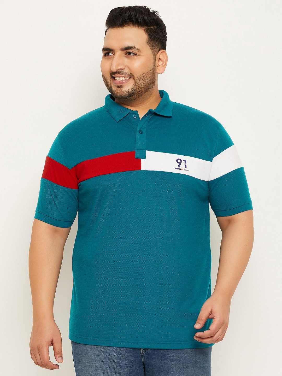

MXN Men Plus Size Colourblocked Polo Collar Cotton T-shirt, Teal