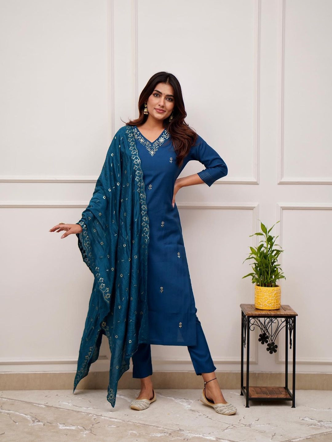 

Fashion Ritmo Floral Embroidered Thread Work Straight Kurta With Trouser And Dupatta, Blue