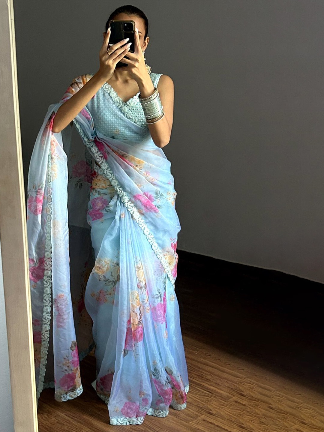 

LABEL KANUPRIYA Floral Sequinned Organza Saree, Blue