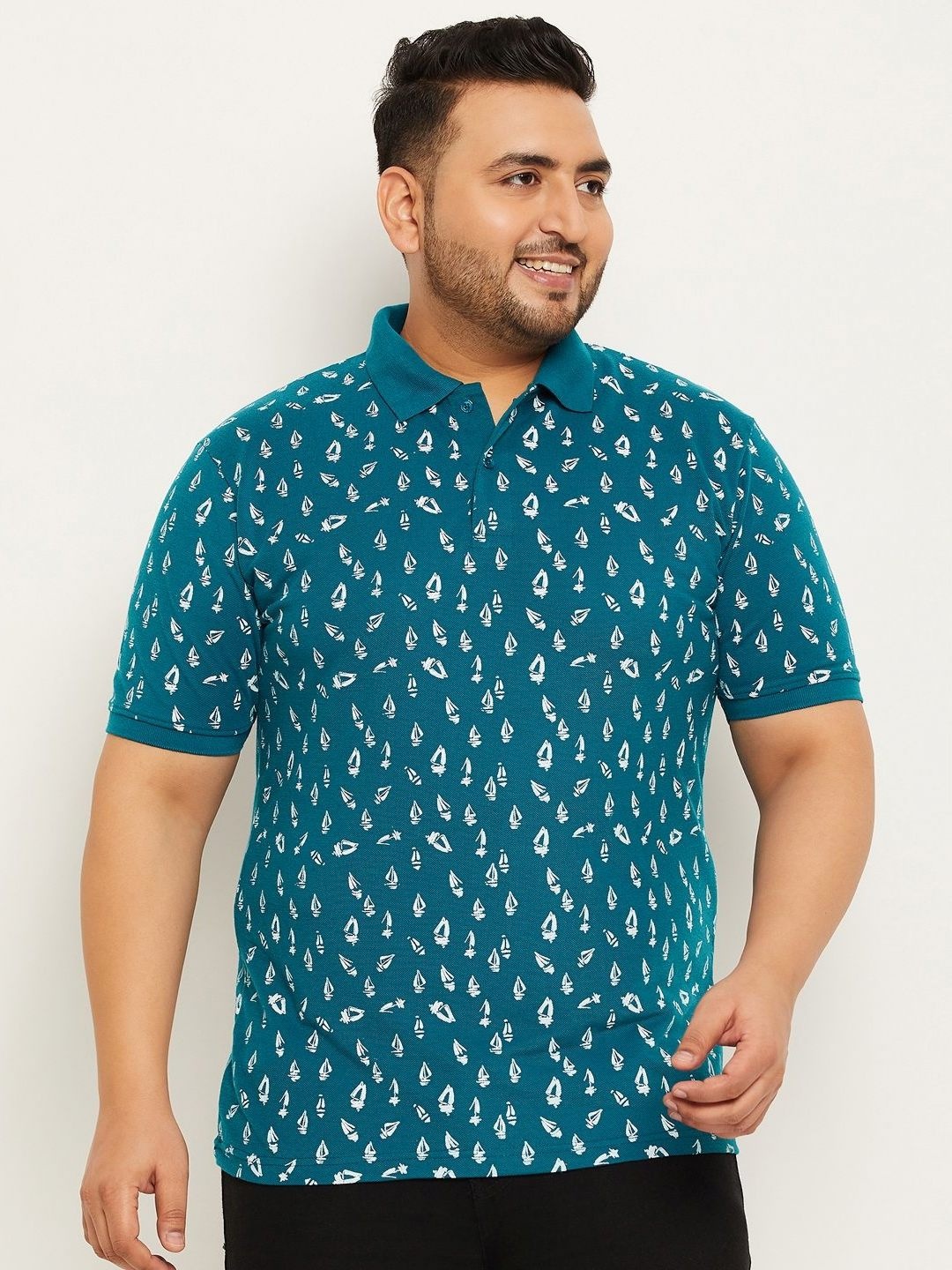

MXN Men Plus Size Conversational Printed Polo Collar Cotton T-shirt, Teal