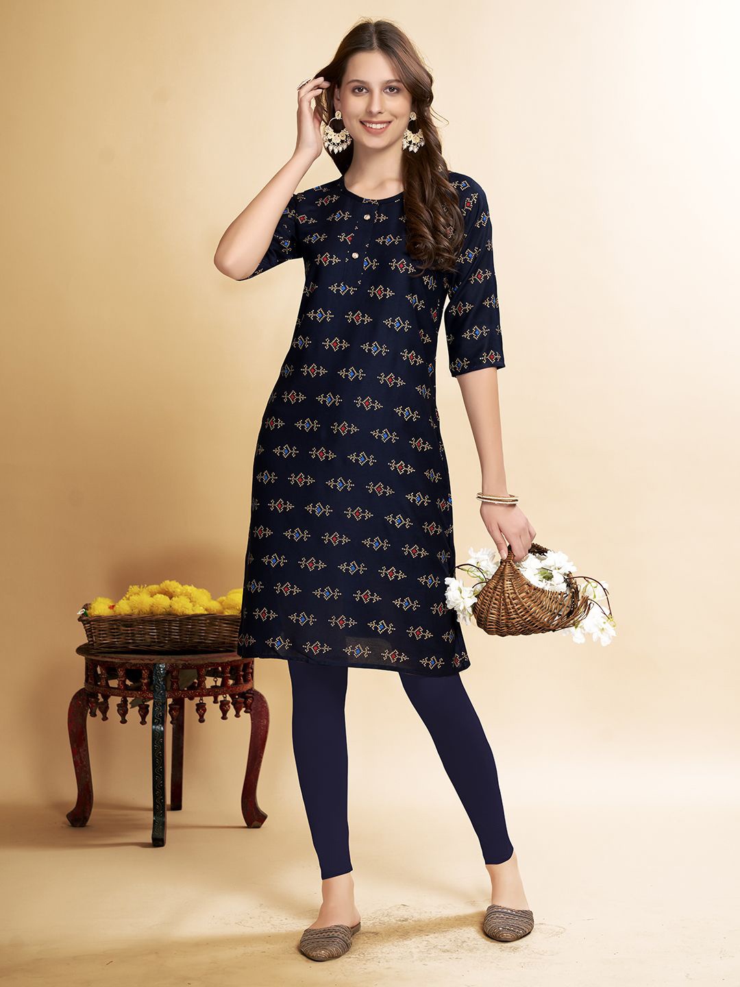 

Anouk Rustic Ethnic Motifs Printed Round Neck Straight Kurta, Navy blue