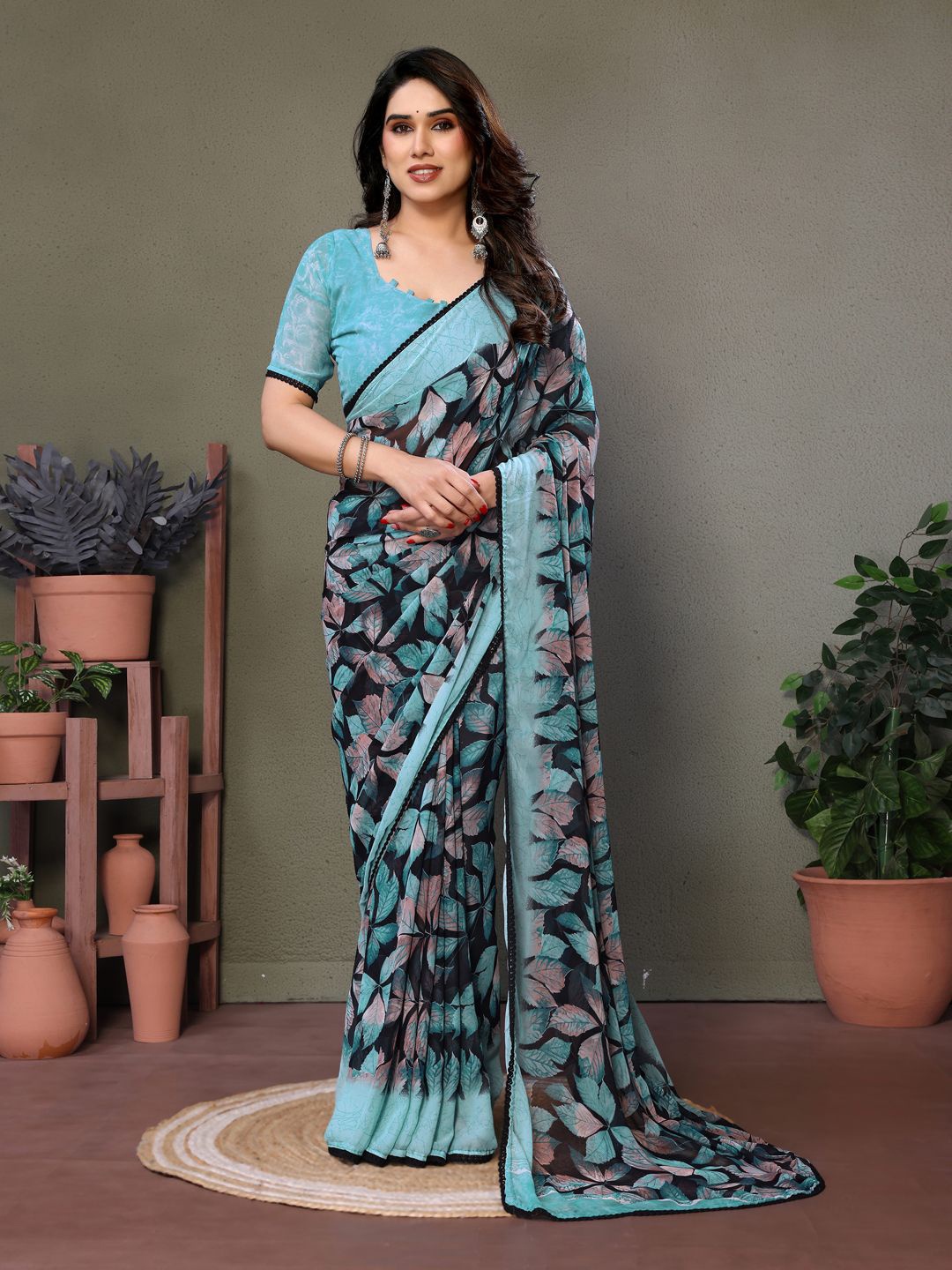 

DIVASTRI Women Printed Pure Georgette Saree, Sea green