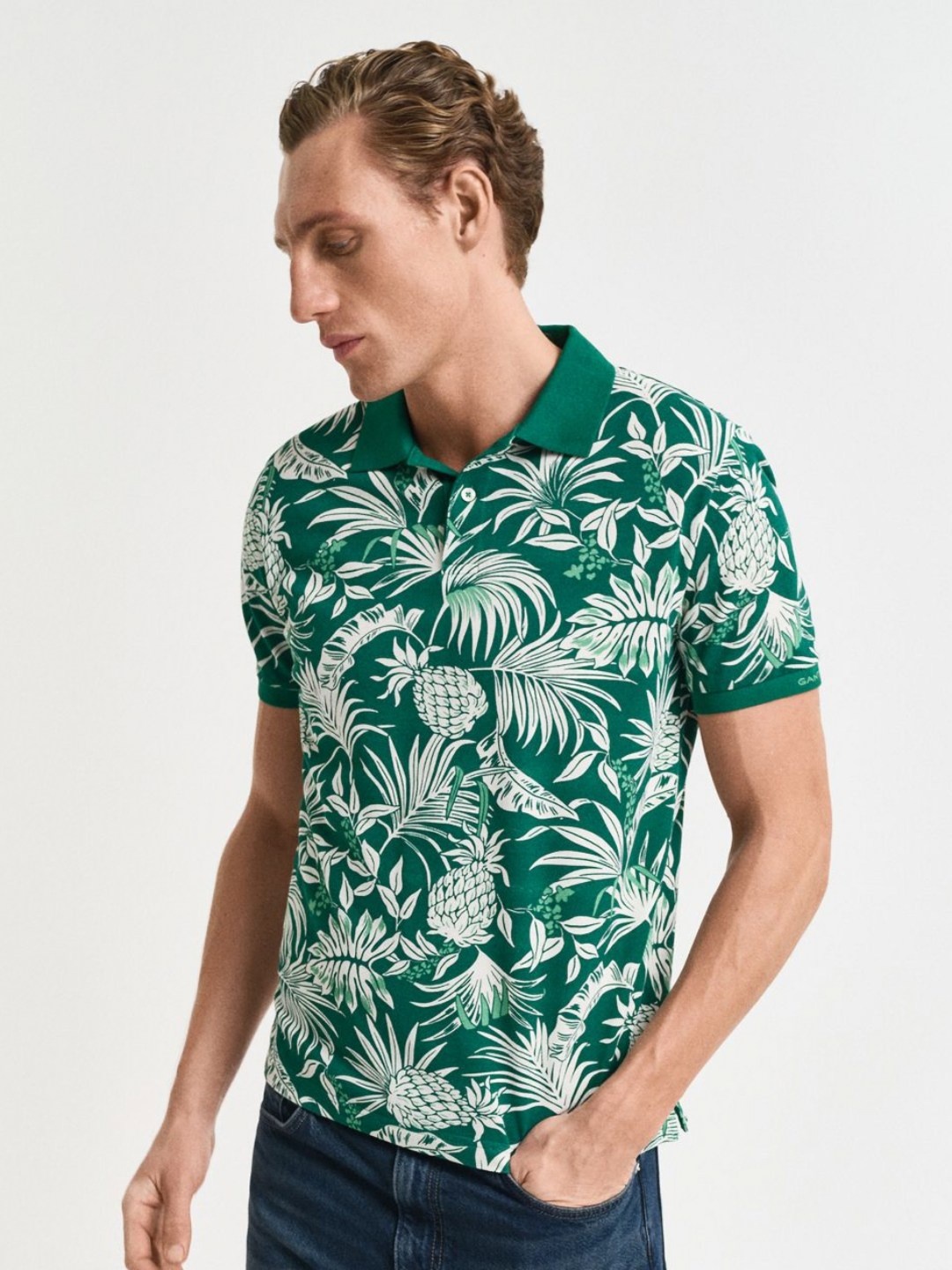 

GANT Men Floral Printed Polo Collar Cotton T-shirt, Green