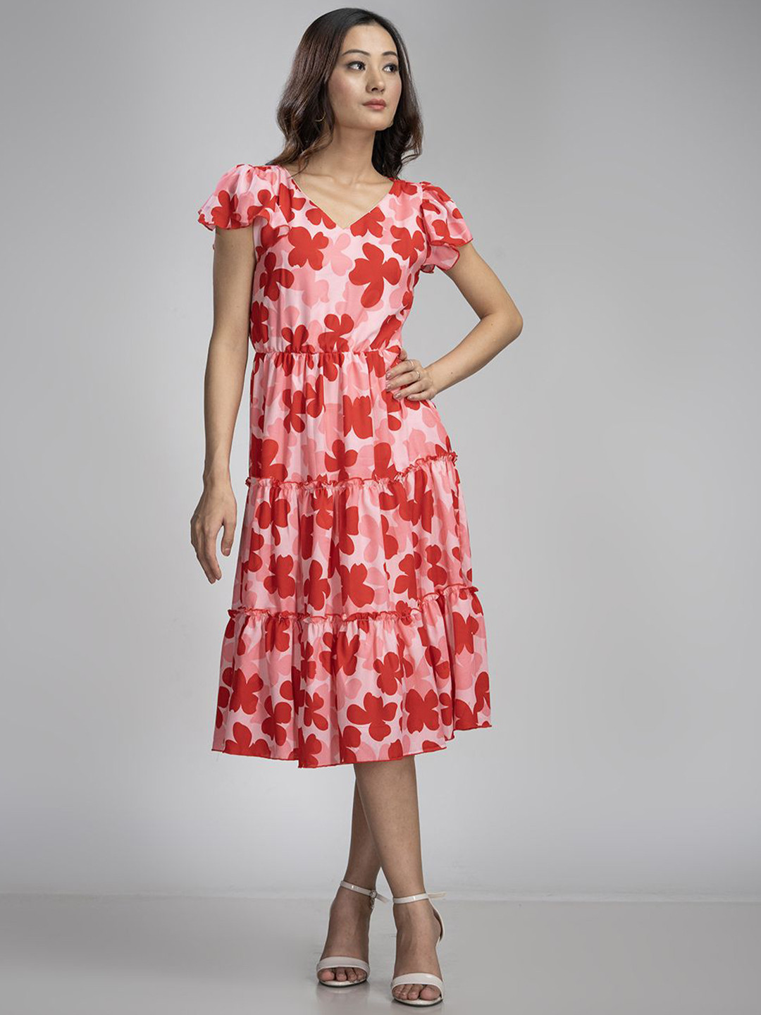 

KRISS-CROX Floral Print Flared Sleeve Fit & Flare Dress, Pink