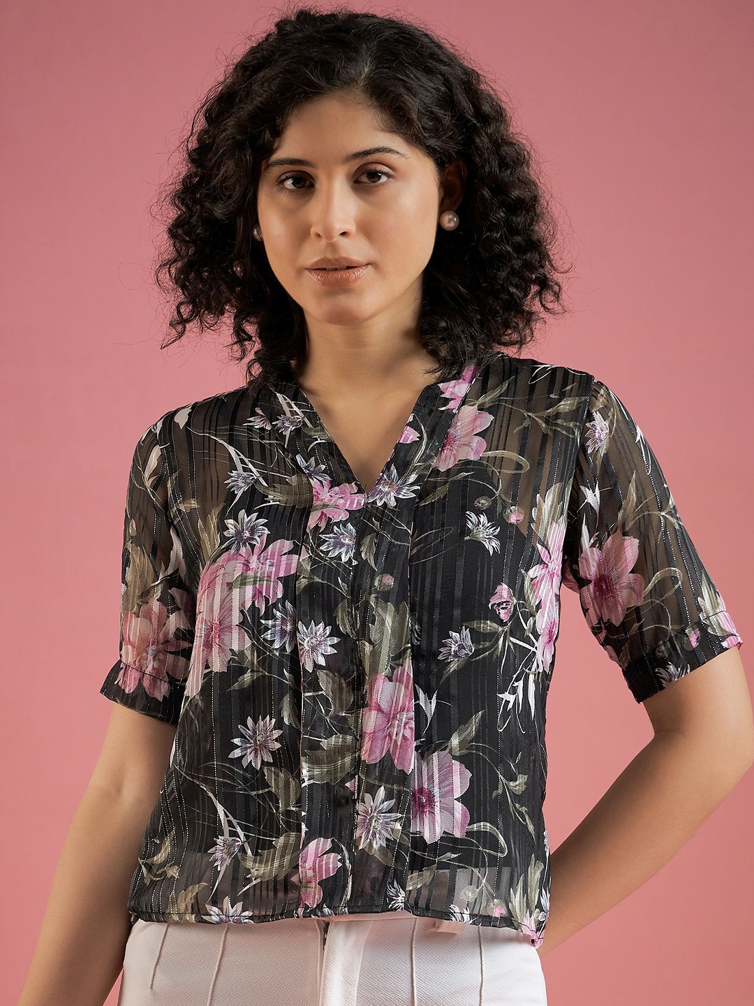 

DressBerry Women Floral Printed Georgette Top, Black