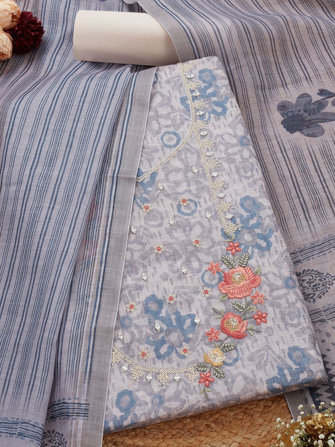 

Soch Floral Printed Mirror Work Linen Unstitched Dress Material, Grey