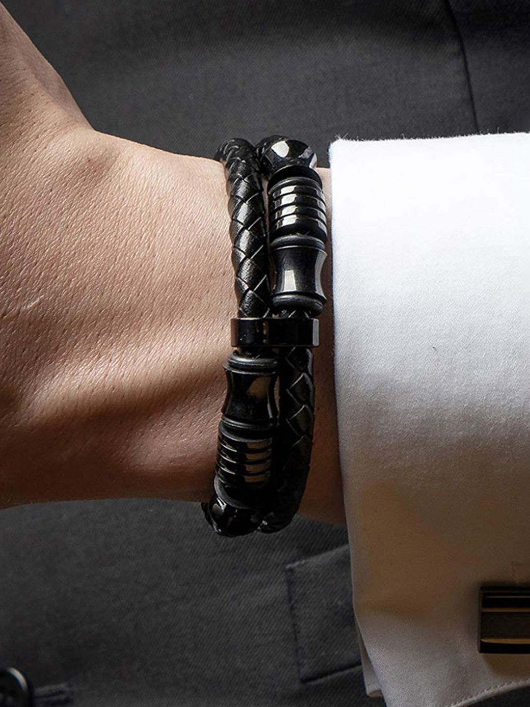 

Jewels Galaxy Men Silver-Plated Leather Bracelet, Black