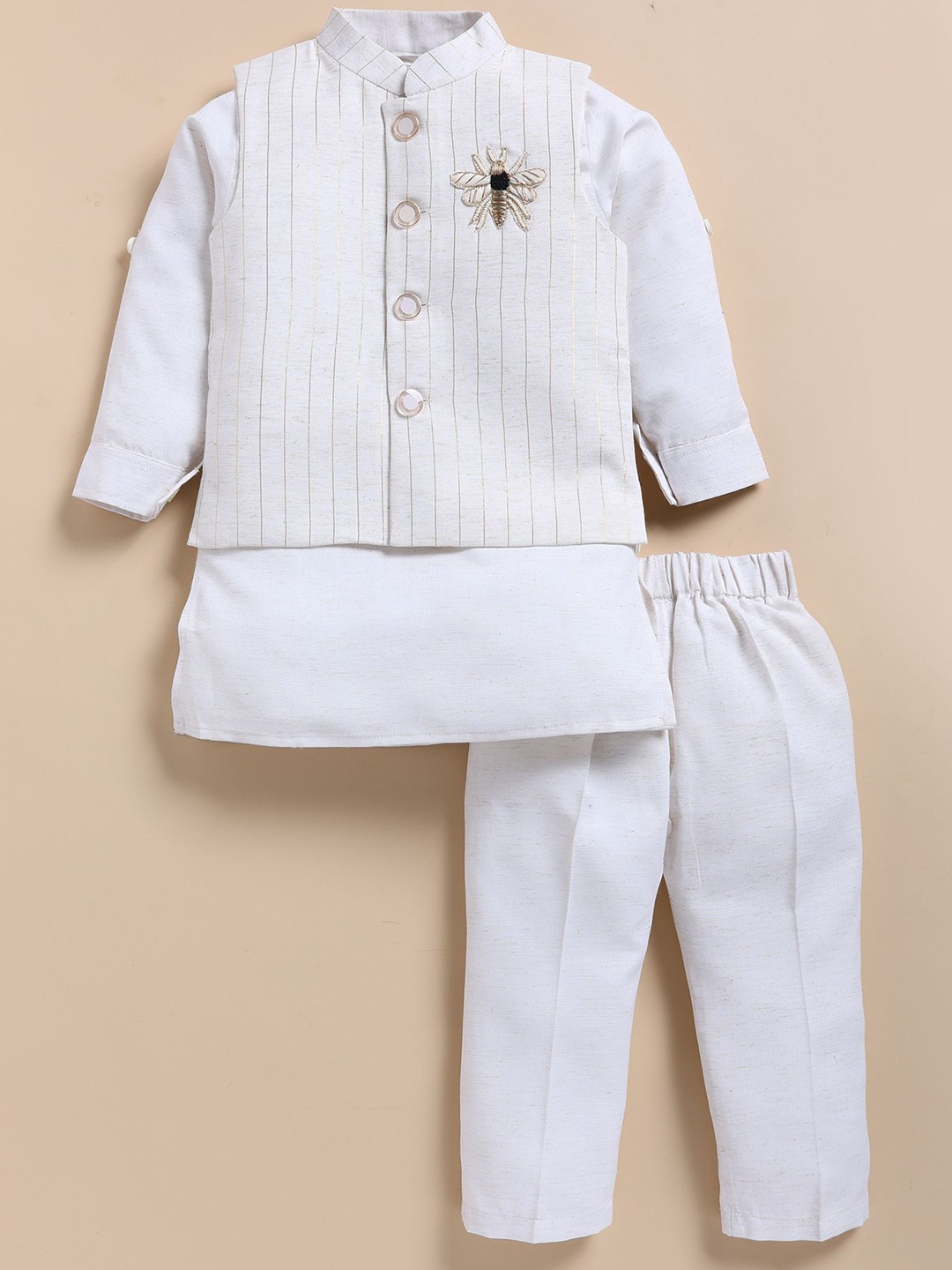 

LITTLE COLLARS Boys Mandarin Collar Pure Cotton Straight Kurta With Trouser And Jacket, Cream
