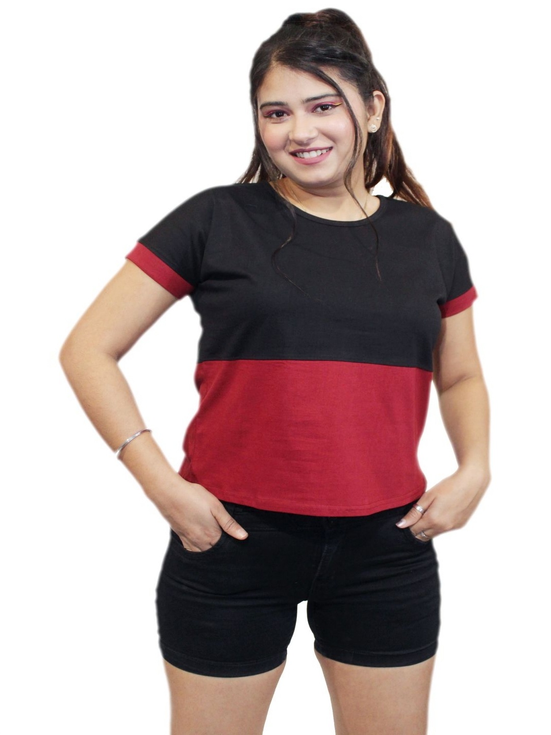 

PINK SHELL Women Colourblocked Round Neck Cotton T-shirt, Maroon